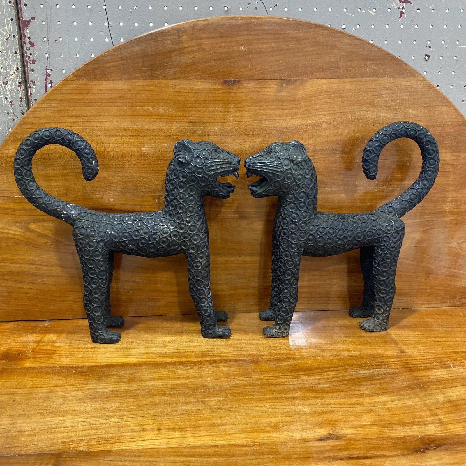 Mid 20th Century Old Benin Leopard Bronze Nigeria African ~ a Pair - 2