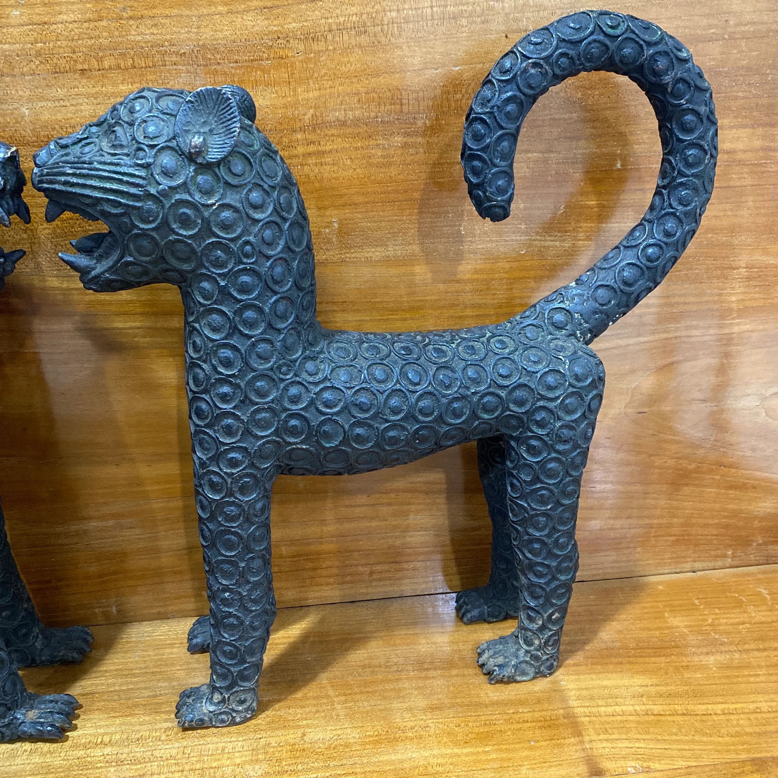 Mid 20th Century Old Benin Leopard Bronze Nigeria African ~ a Pair - 3