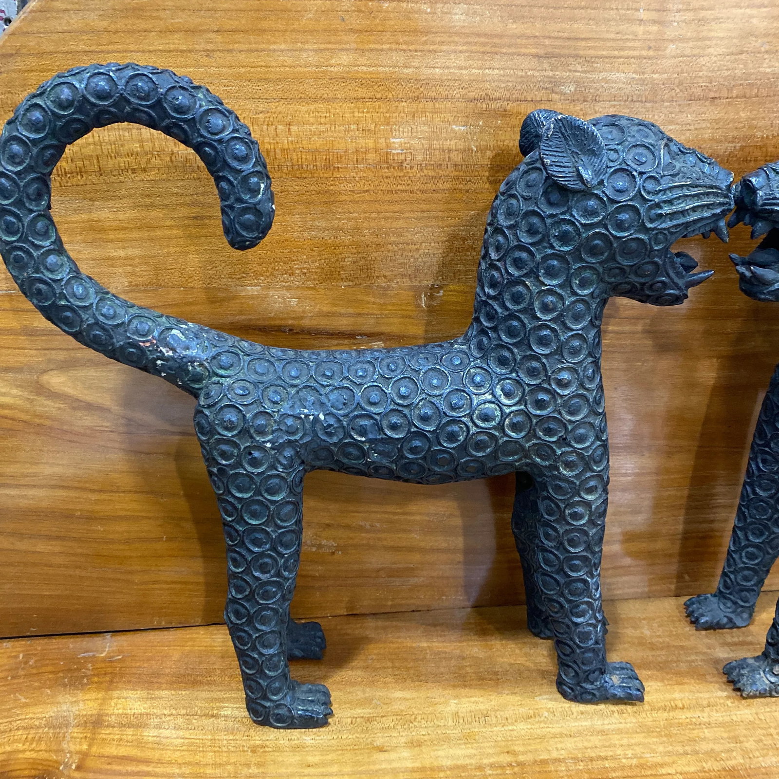 Mid 20th Century Old Benin Leopard Bronze Nigeria African ~ a Pair - 4