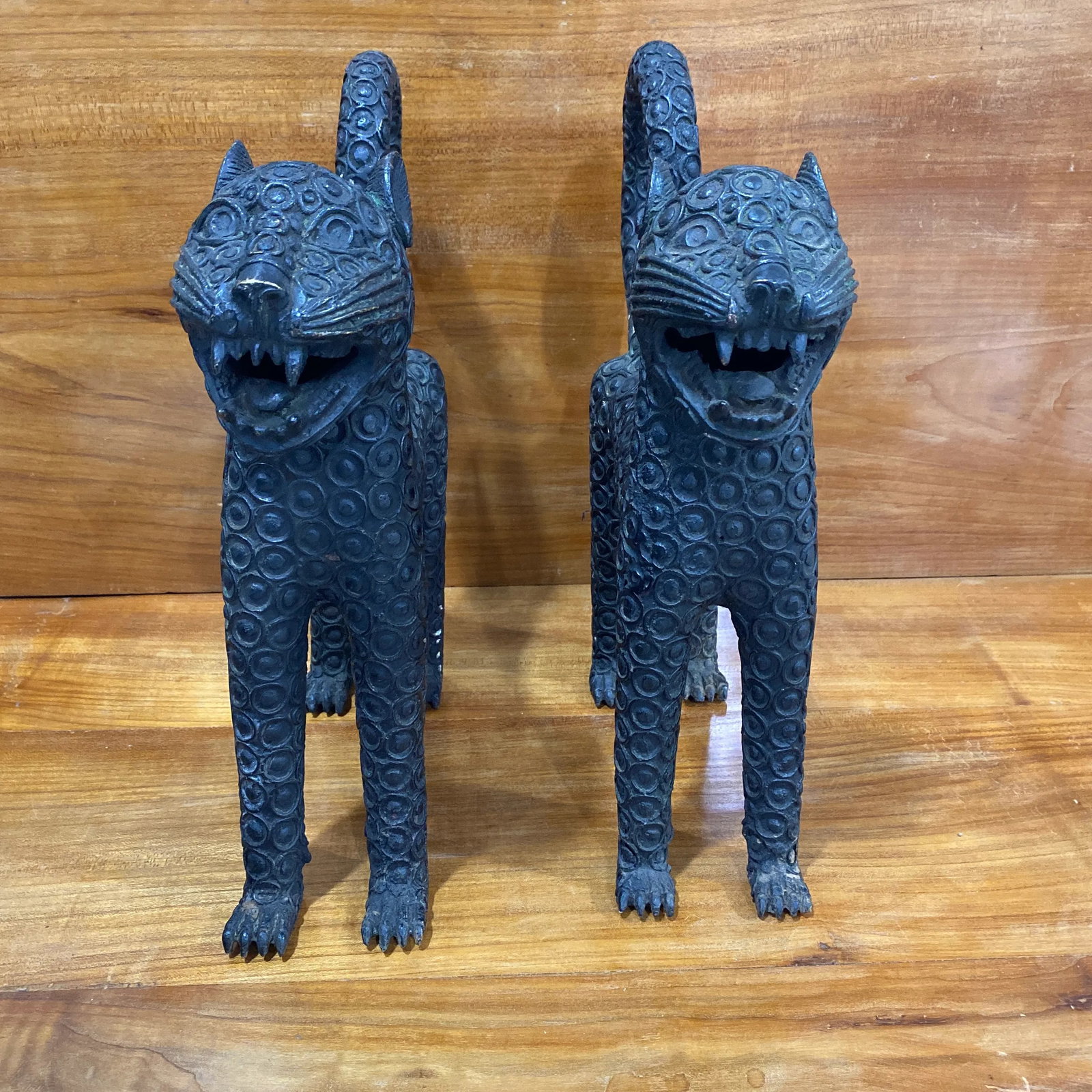 Mid 20th Century Old Benin Leopard Bronze Nigeria African ~ a Pair - 5