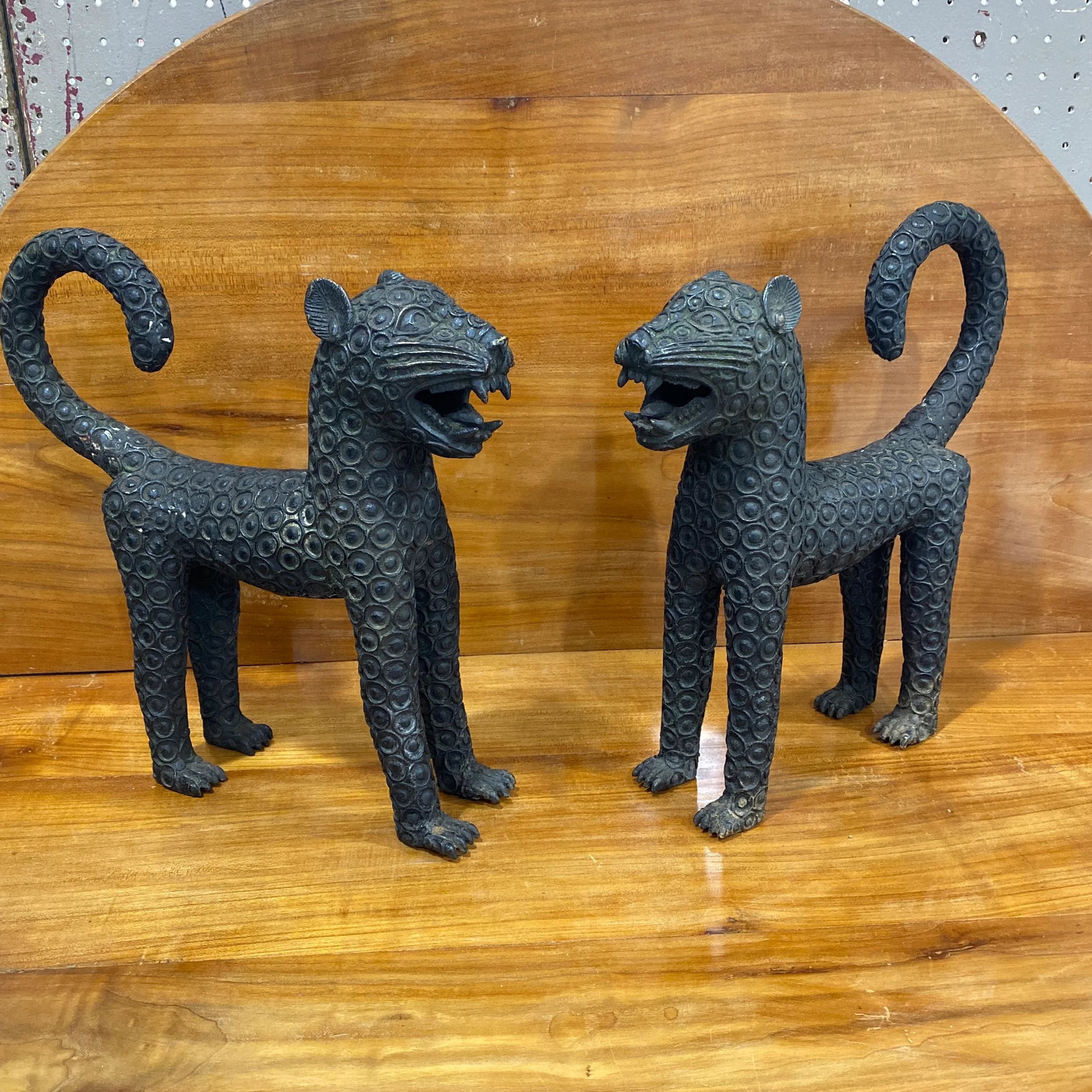 Mid 20th Century Old Benin Leopard Bronze Nigeria African ~ a Pair - 7