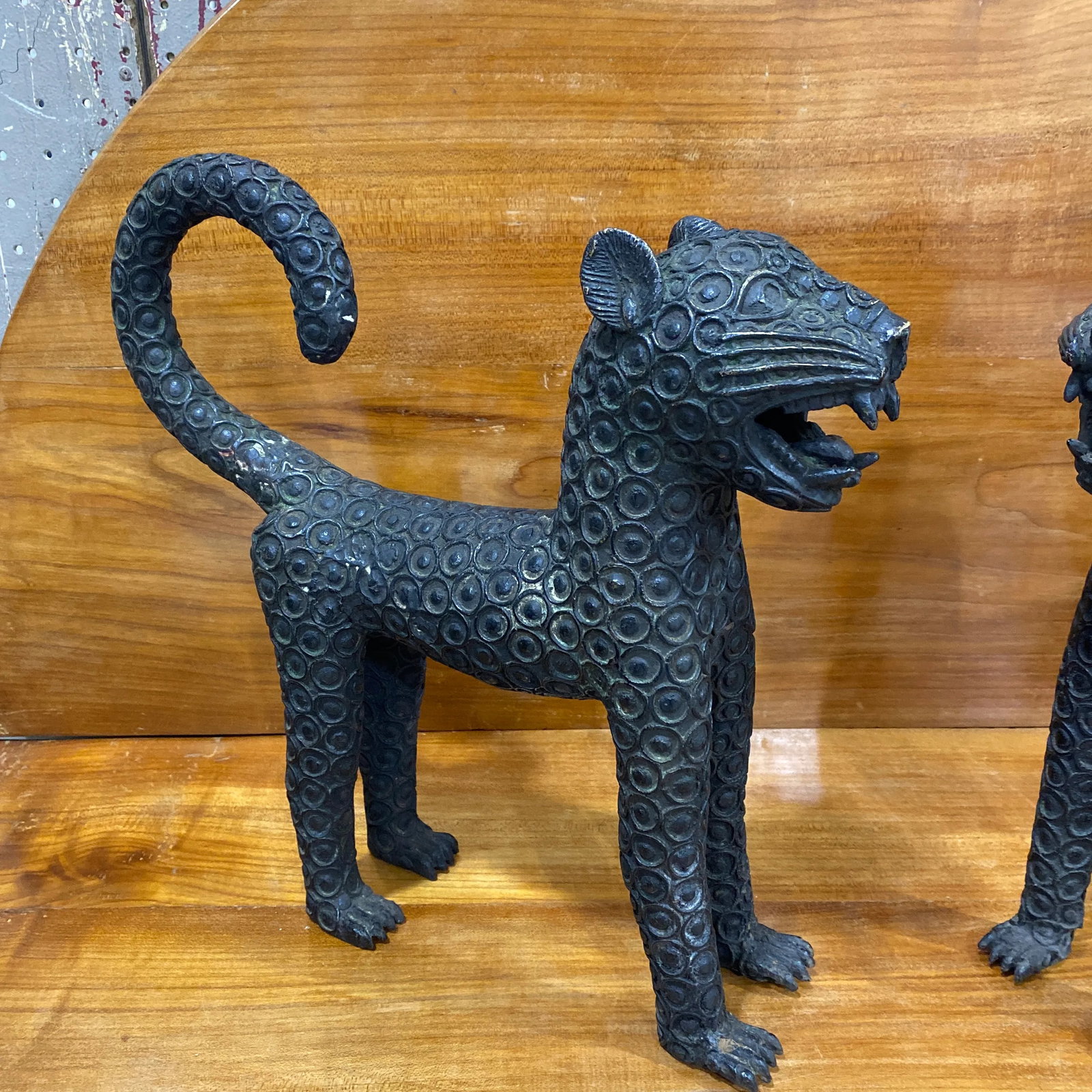 Mid 20th Century Old Benin Leopard Bronze Nigeria African ~ a Pair - 9