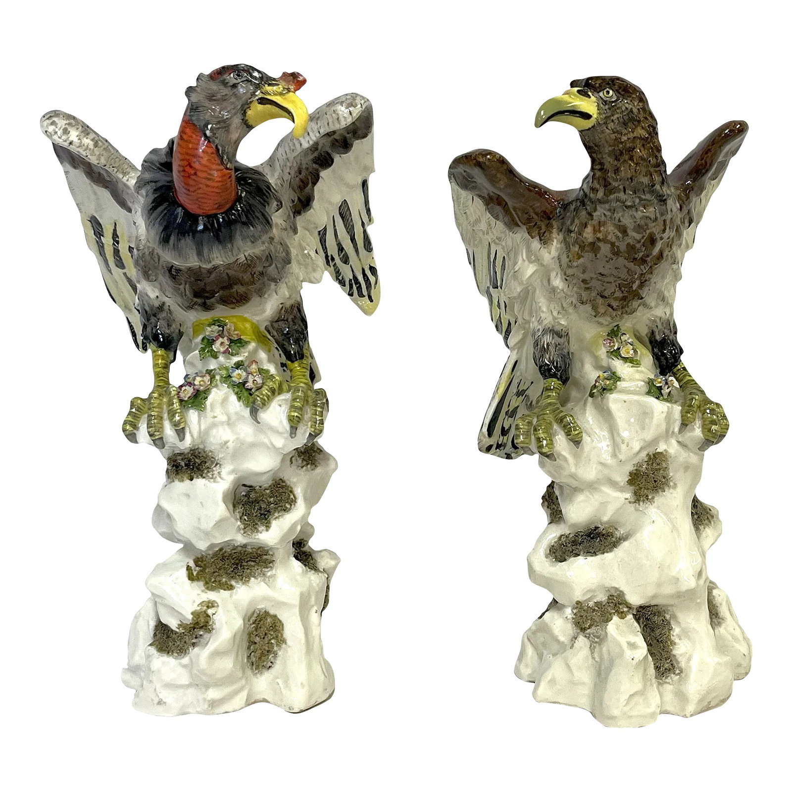 19th Century Chelsea Porcelain Coordinating Vulture Figures- a Pair: Austere pair of antique porcelain figures by Chelsea Porcelain from the 19th century. The coordinating pair of male and female vultures are beautifully detailed with lots of depth and color. They are