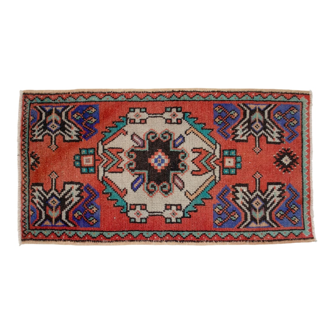 Hand Knotted Door Mat, Entryway Rug, Bath Mat, Kitchen Decor, Small Rug, Turkish Rug - 1'7" X 2'11": This vintage Oushak mat exudes a warm, rustic charm with its vibrant terracotta field and beautifully aged patina. The central geometric medallion and stylized bird-like motifs create a striking
