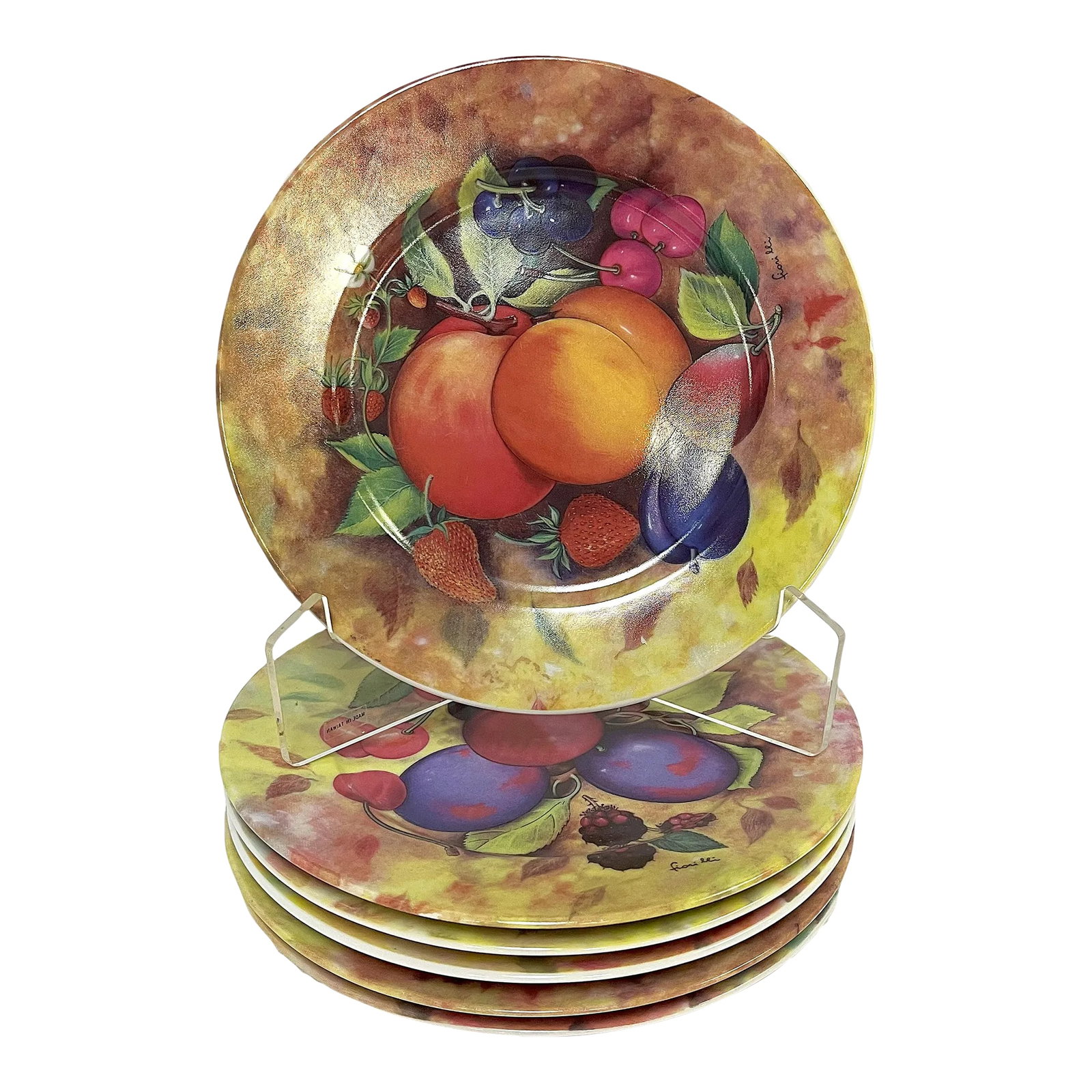 Vintage 'Email De Limoges Godinger' Fruit Plates- Set of 6: Delightful set of six vintage Limoges decorative fruit plates. The are made of porcelain with three different fruit designs. Each is signed on the front 'Fiorilli.' They are each labeled on the back '