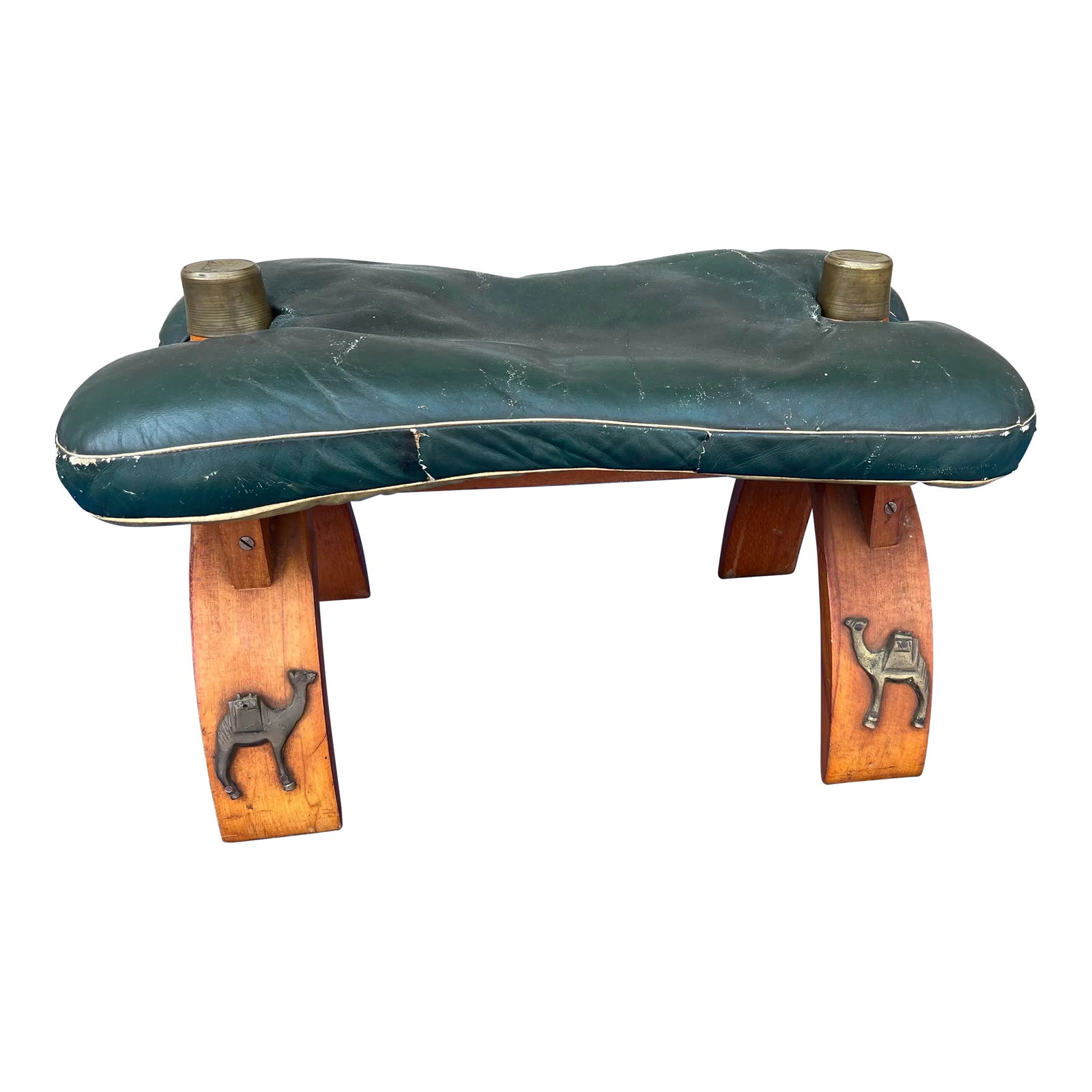 A Vintage Egyptian Camel Footstool/Ottoman, With Green Leather Seat, 1960's: A Vintage Egyptian Camel Footstool/Ottoman, With Green Leather Seat, 1960's Most likely made in Egypt, circa 1960-1970's Original green leather seat, brass ormolu mounts in the shape of camels, and an