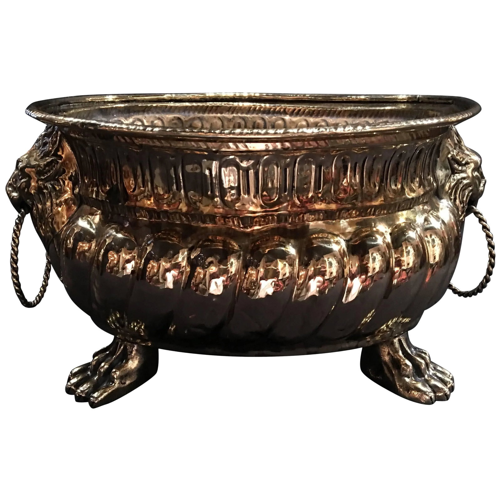 French Polished Brass Lion Head Ring Handle Jardiniere Claw Feet, 19th Century (1 of 5)
