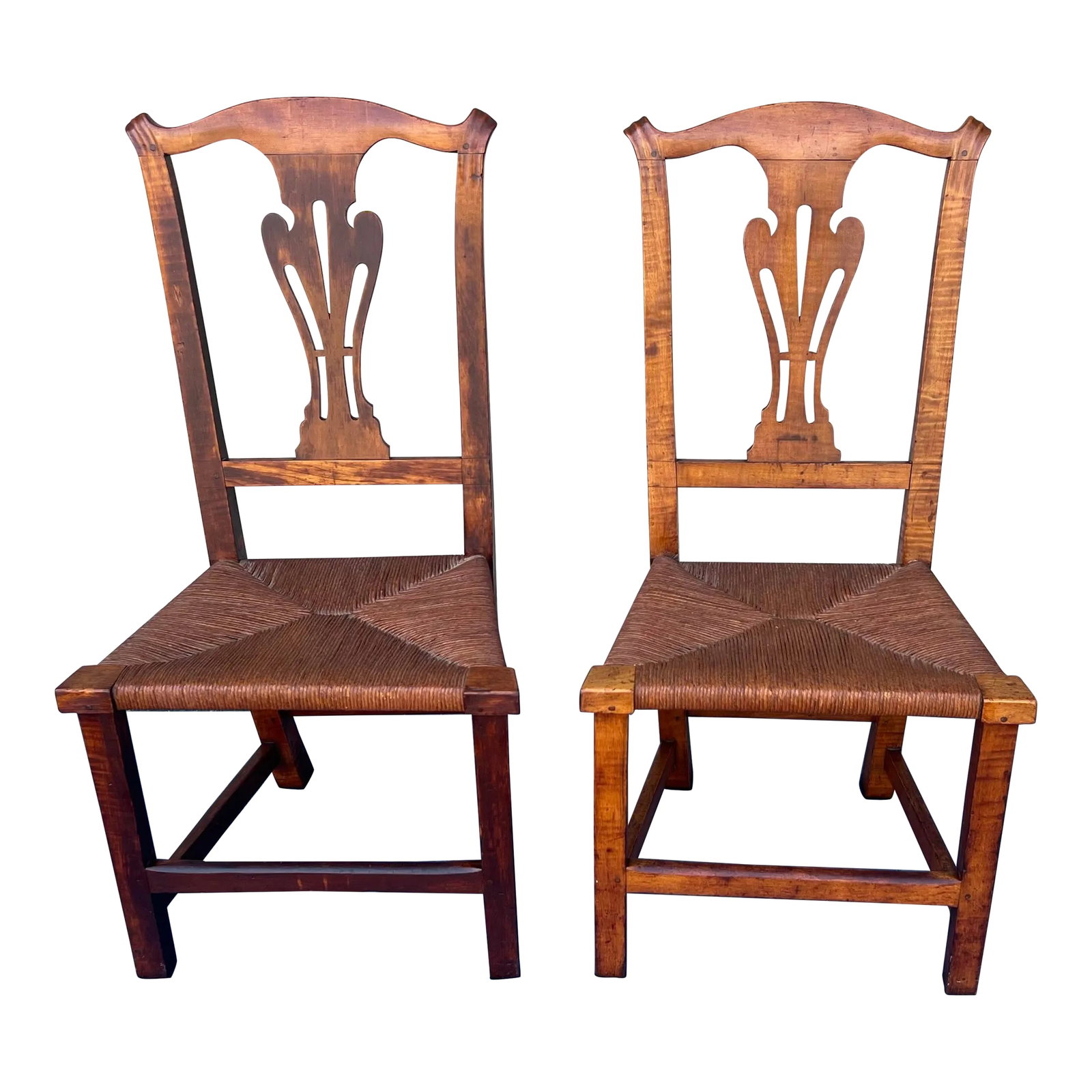 A Pair of New England Tiger Maple Chippendale Side Chairs With Rush Seats, Circa 1800 (1 of 12)