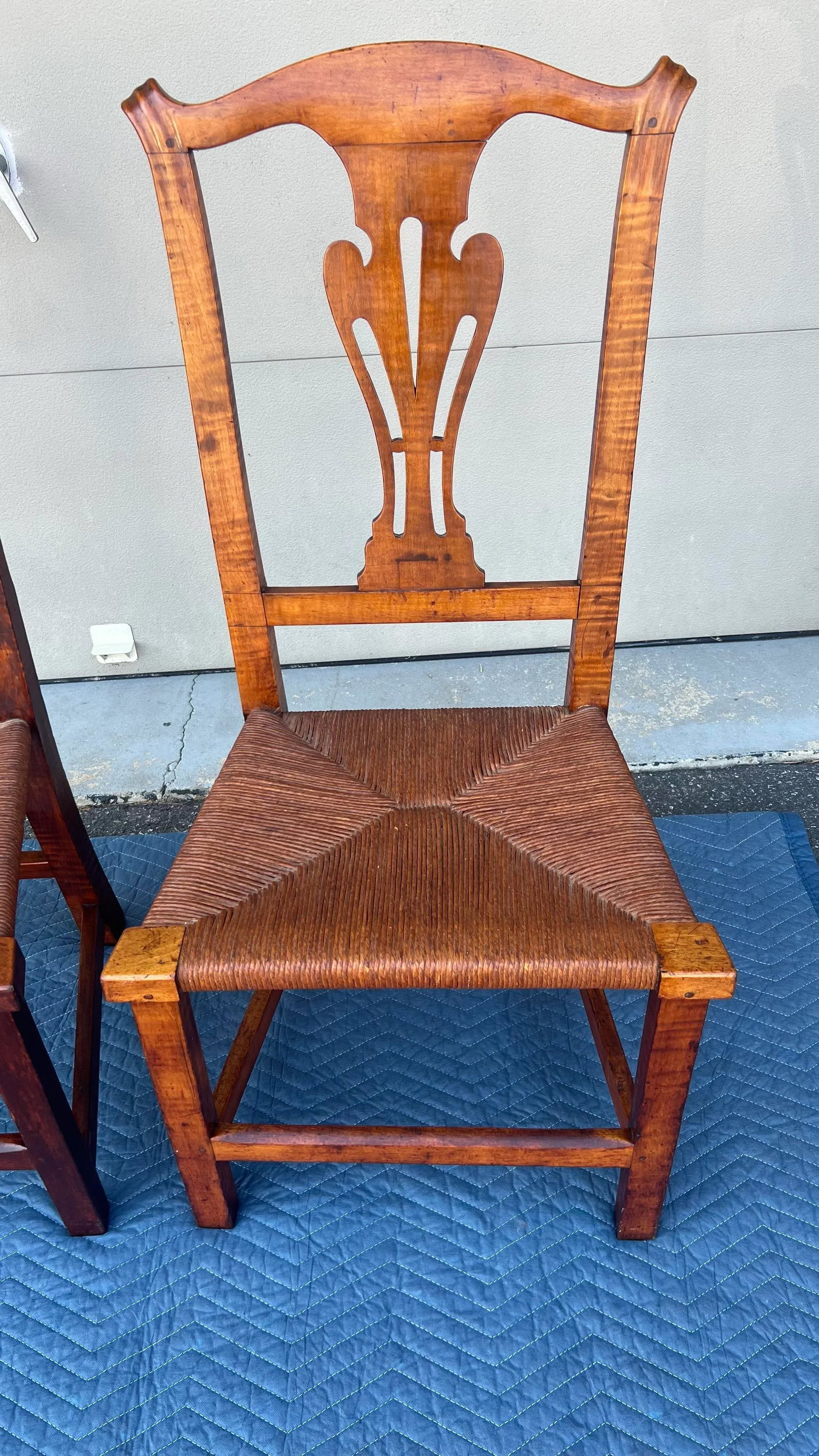 A Pair of New England Tiger Maple Chippendale Side Chairs With Rush Seats, Circa 1800 - 2