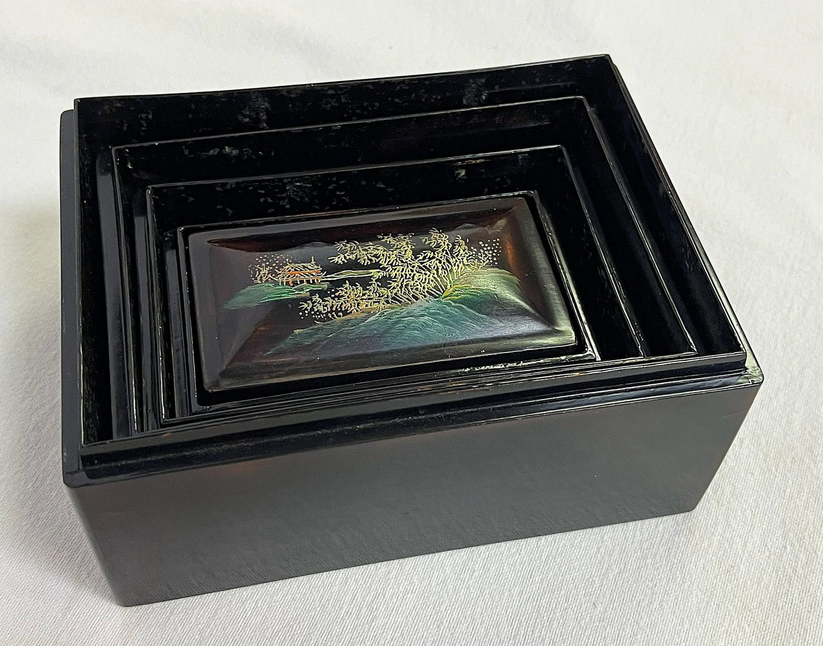 Mid Century Japanese Hand Painted Lacquer Nesting Boxes- Set of 5 - 11