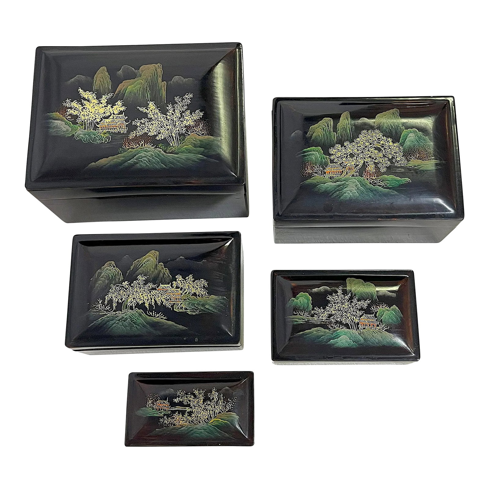 Mid Century Japanese Hand Painted Lacquer Nesting Boxes- Set of 5: Fantastic set of five nesting boxes from the mid 20th century. Each is made of wood with a black lacquer finish and hand painted tree a pagoda designs. They are in remarkable condition and would make 