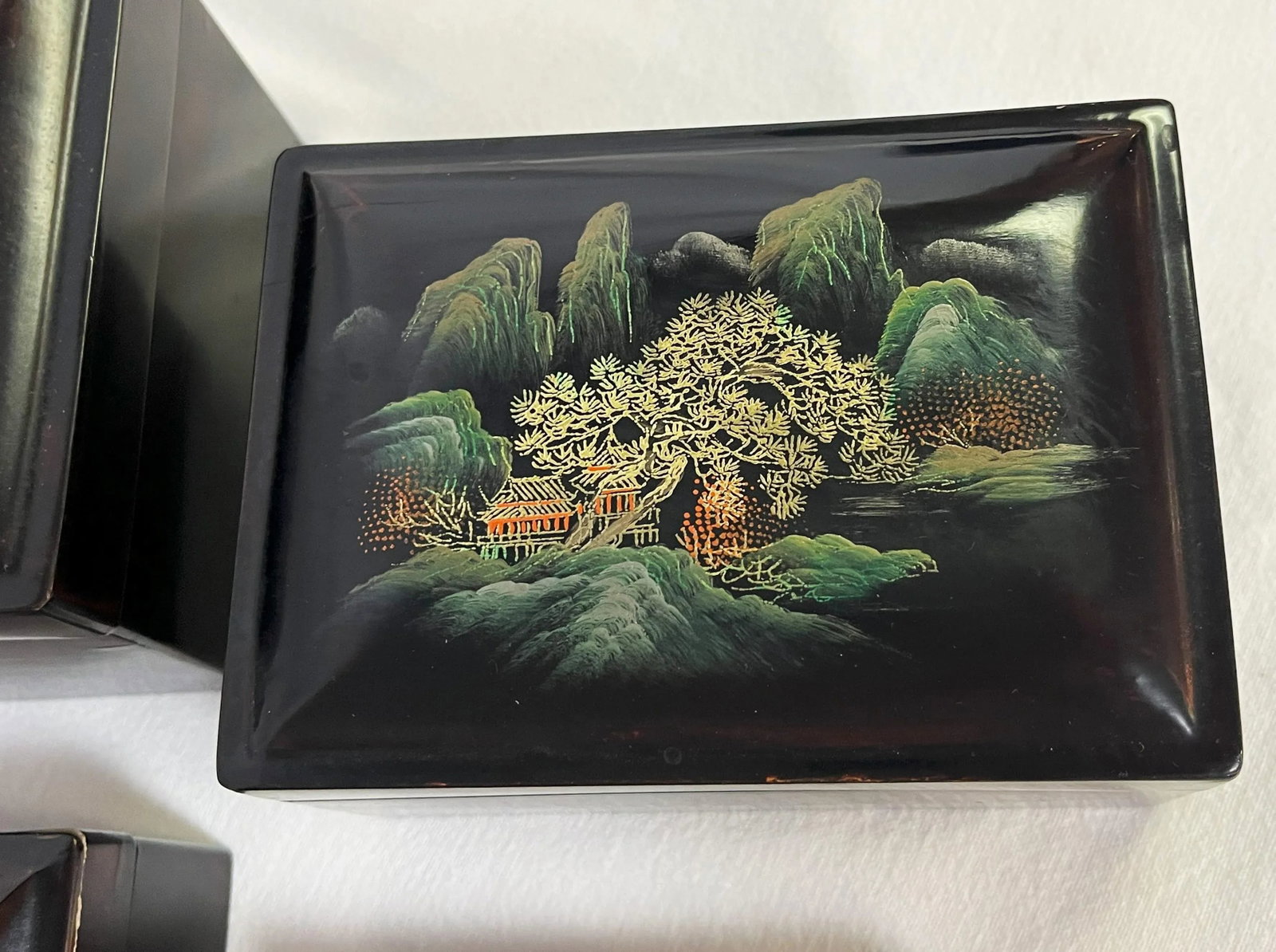 Mid Century Japanese Hand Painted Lacquer Nesting Boxes- Set of 5 - 2