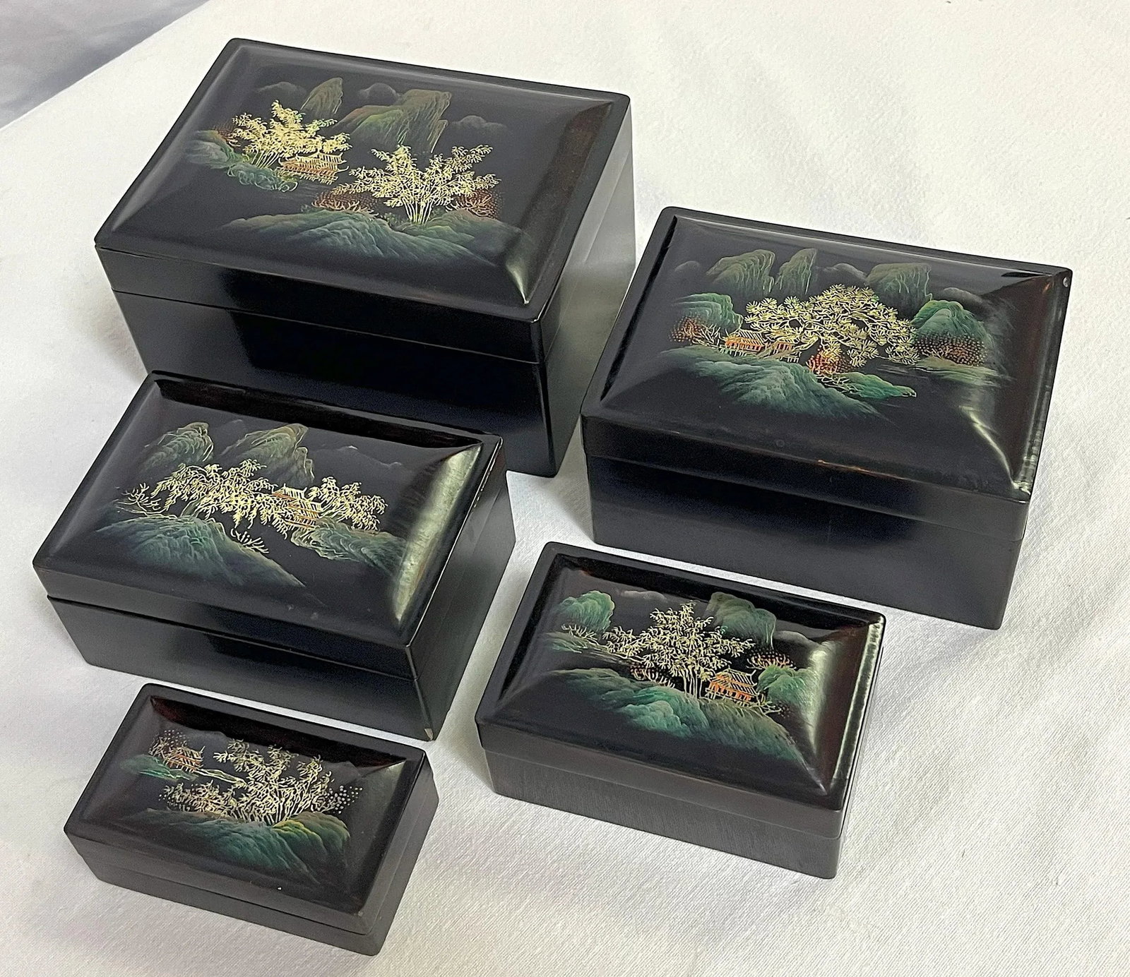 Mid Century Japanese Hand Painted Lacquer Nesting Boxes- Set of 5 - 3