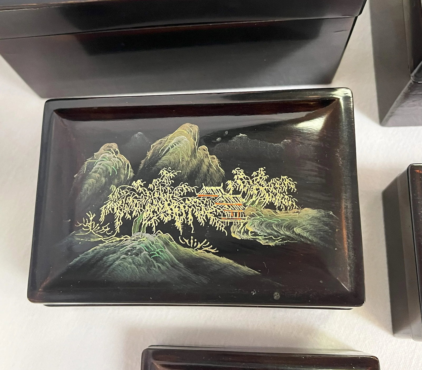 Mid Century Japanese Hand Painted Lacquer Nesting Boxes- Set of 5 - 4