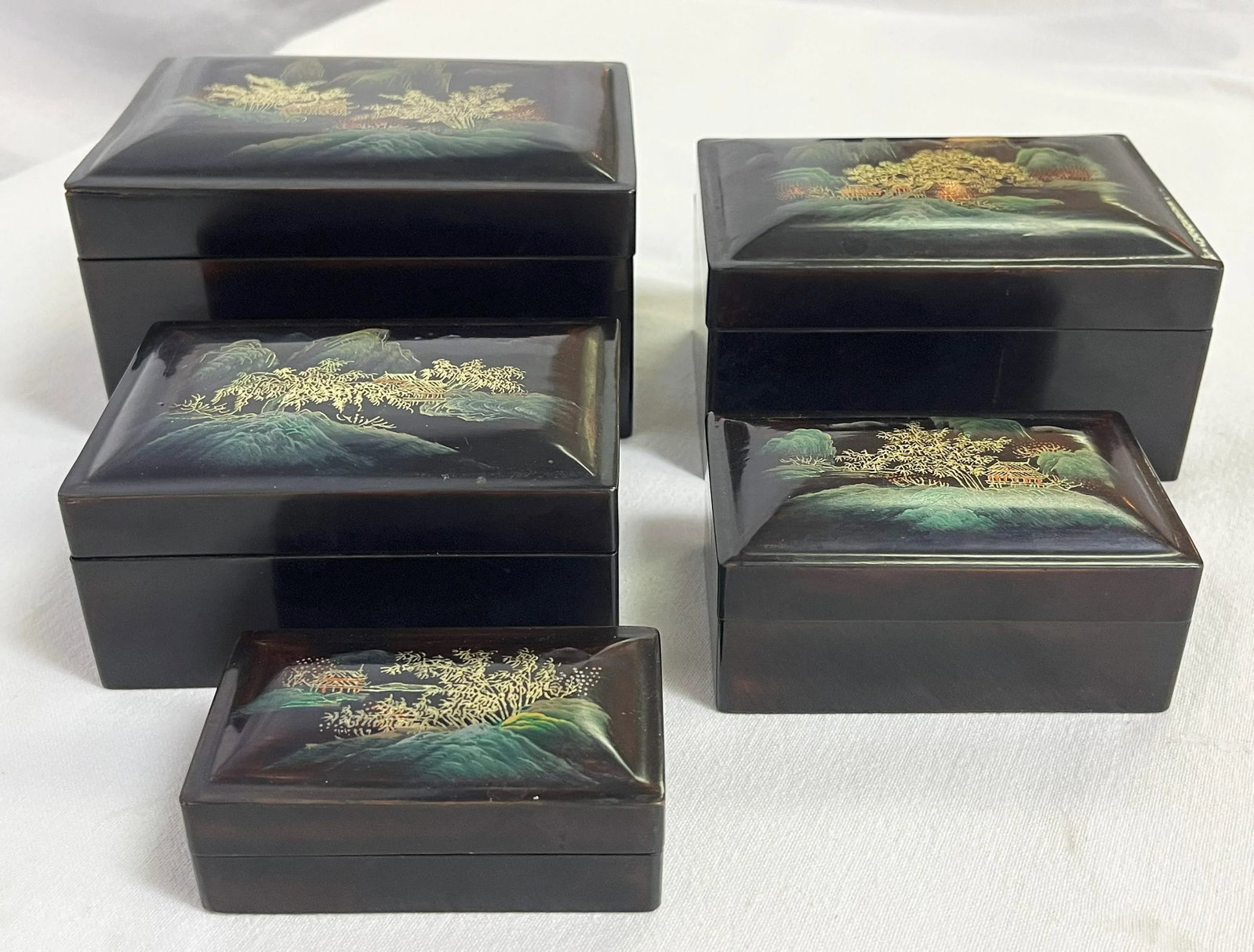 Mid Century Japanese Hand Painted Lacquer Nesting Boxes- Set of 5 - 5