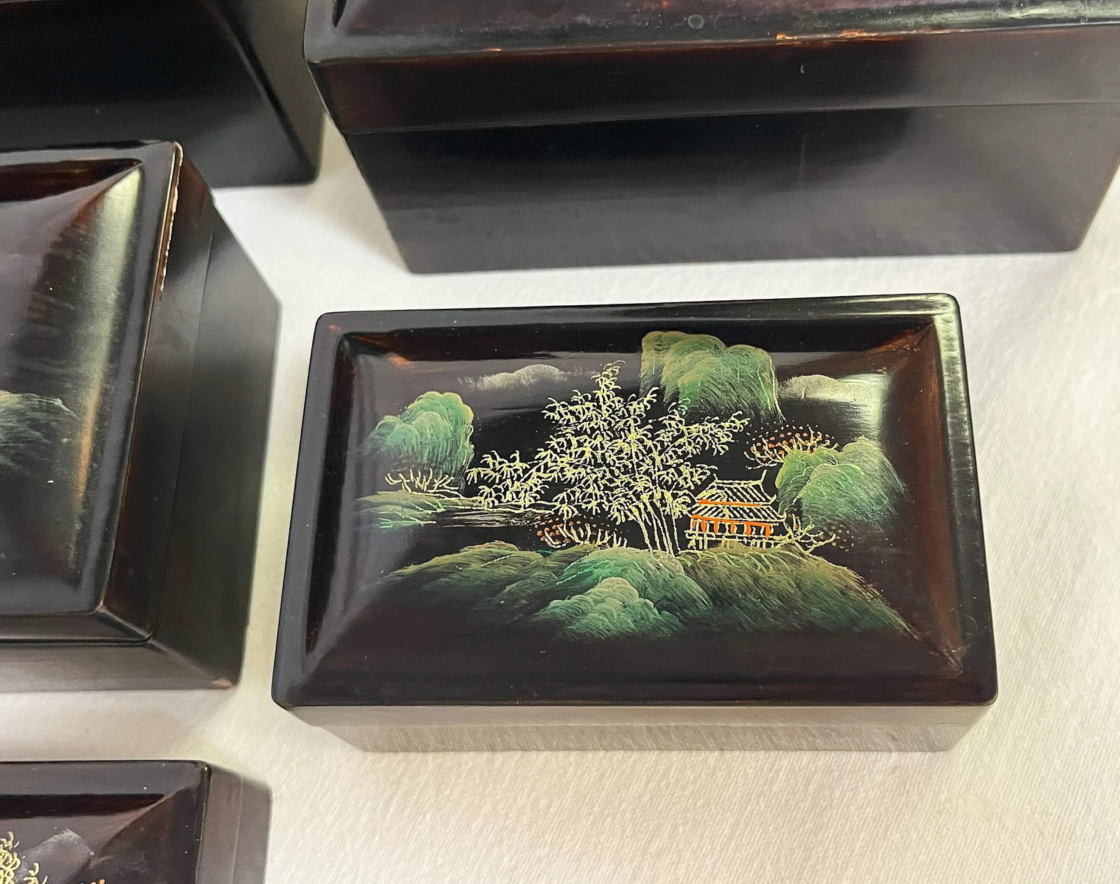 Mid Century Japanese Hand Painted Lacquer Nesting Boxes- Set of 5 - 6