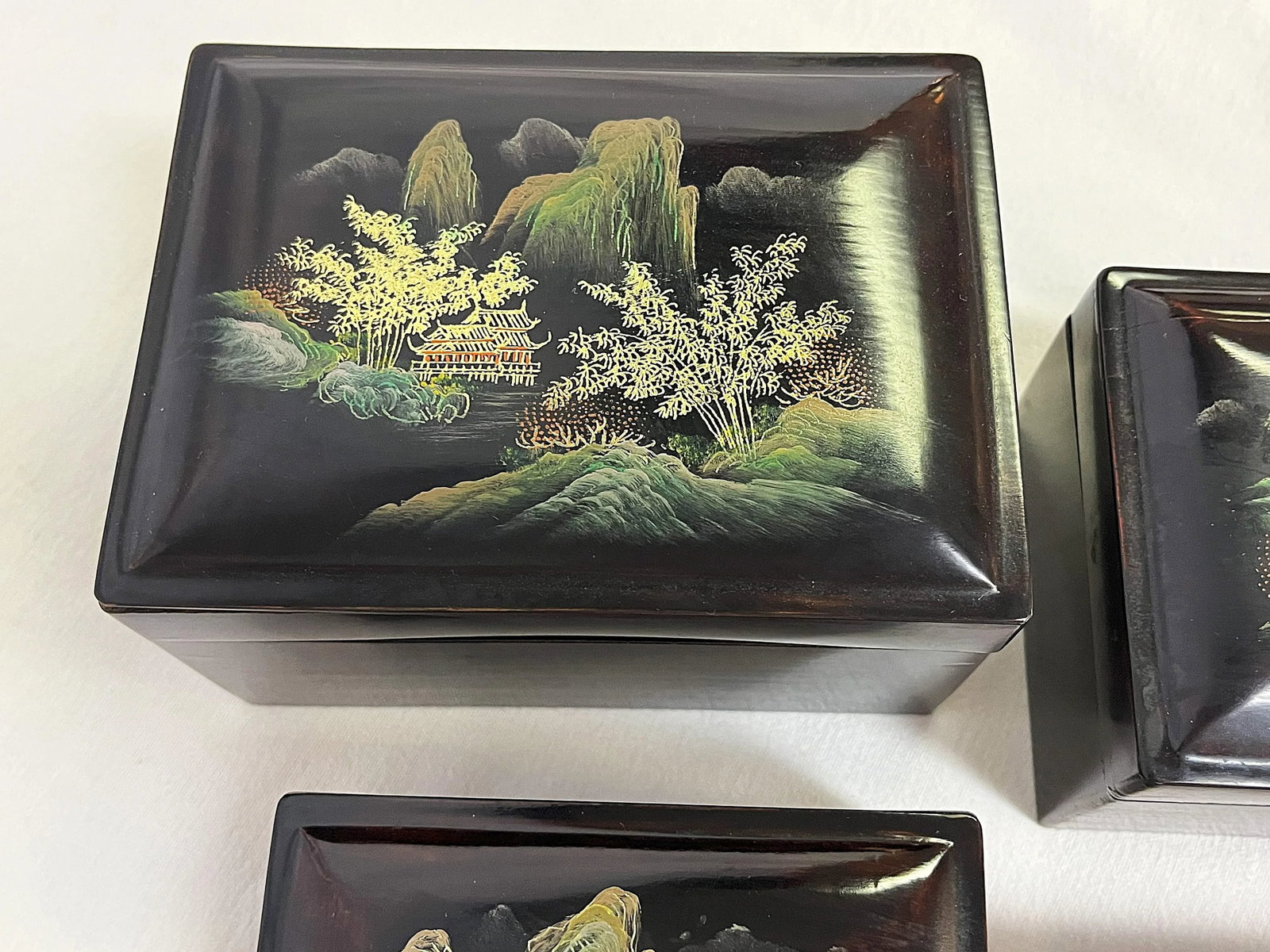 Mid Century Japanese Hand Painted Lacquer Nesting Boxes- Set of 5 - 7