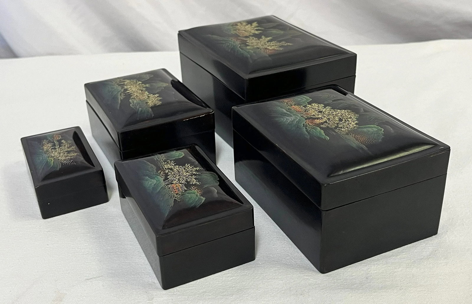 Mid Century Japanese Hand Painted Lacquer Nesting Boxes- Set of 5 - 8