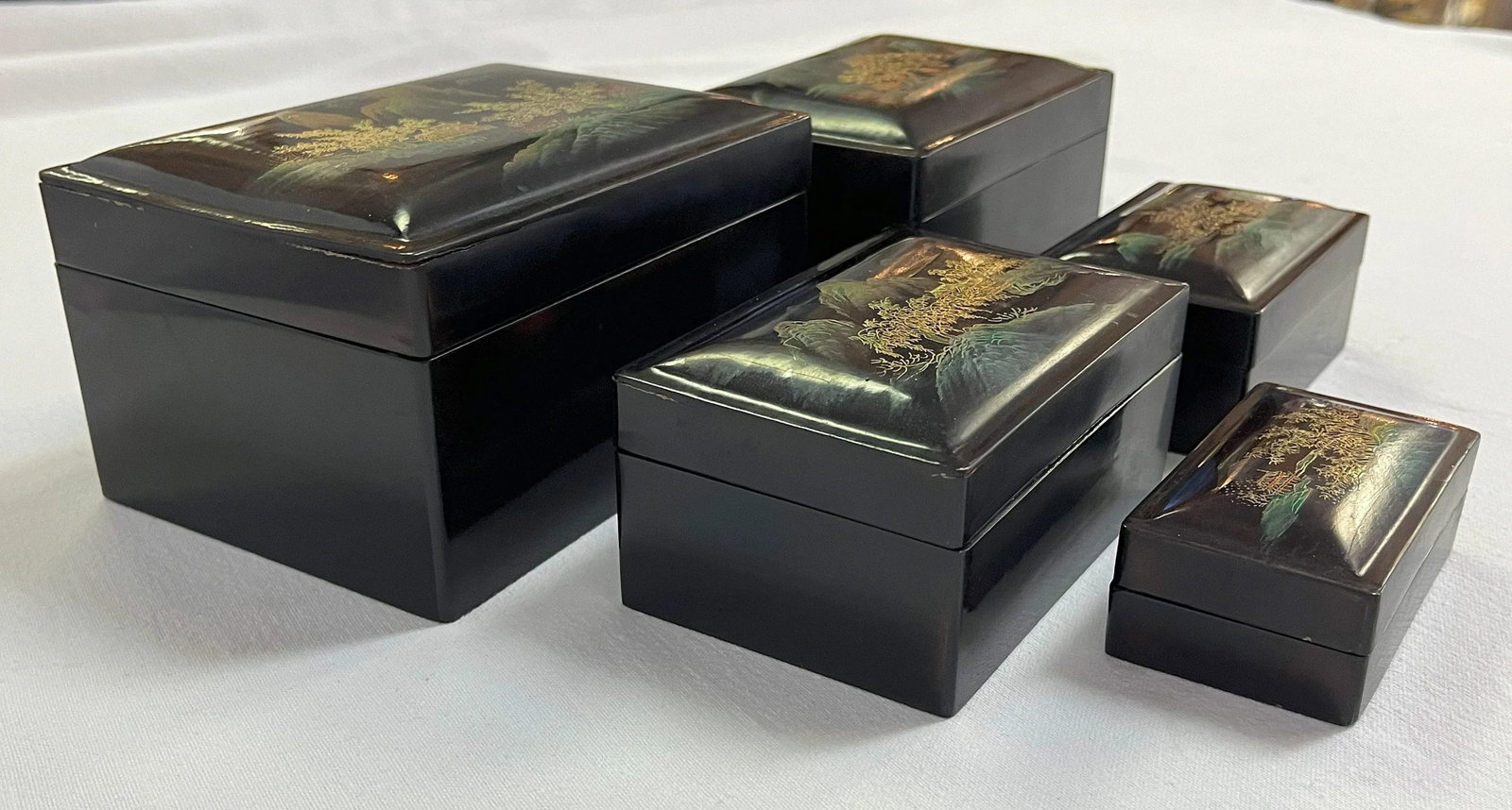 Mid Century Japanese Hand Painted Lacquer Nesting Boxes- Set of 5 - 9