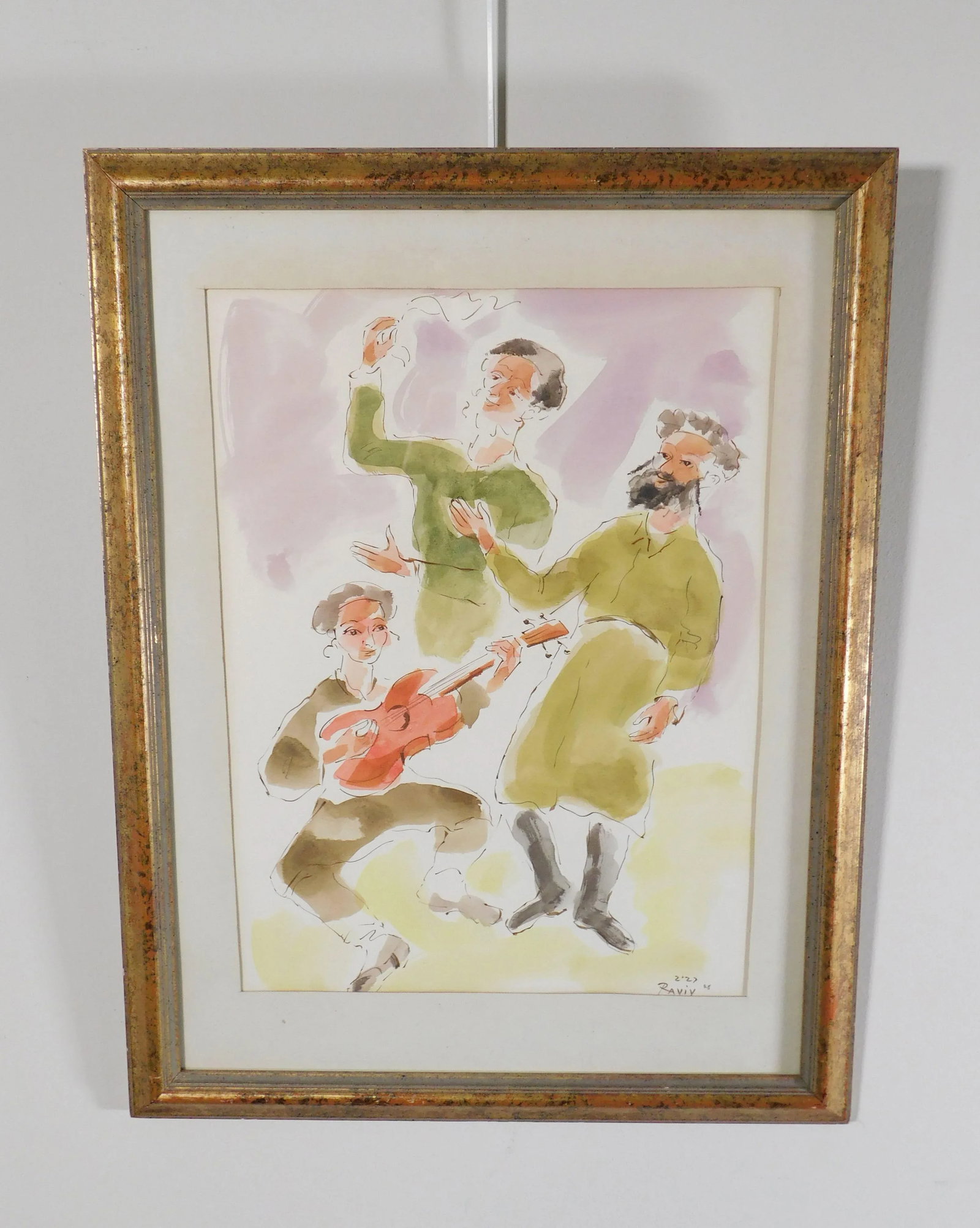 Moshe Raviv "Dancing Hasidim" Original Watercolor on Paper Signed - 10