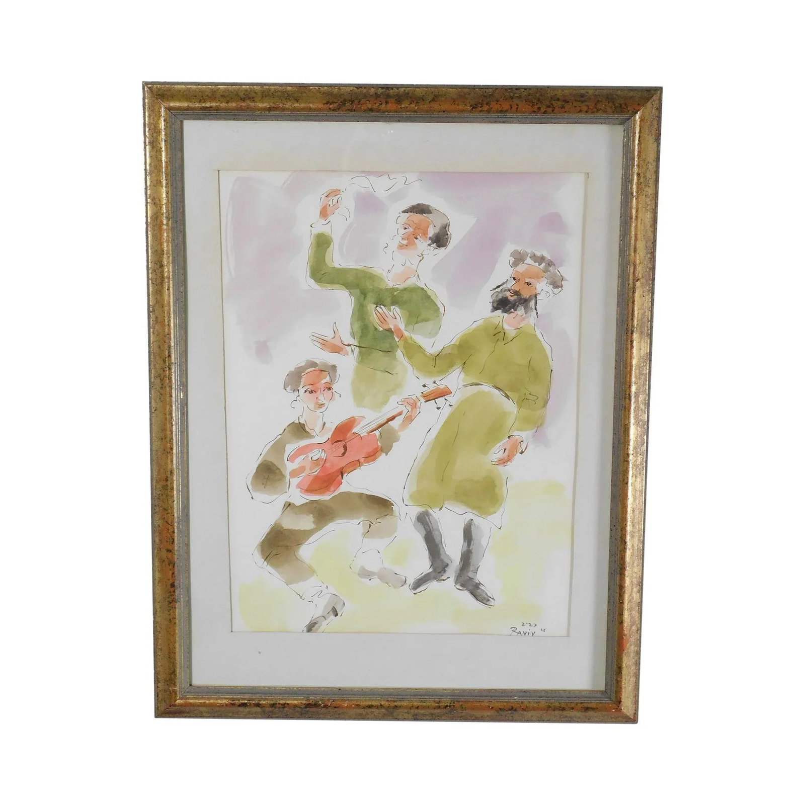 Moshe Raviv "Dancing Hasidim" Original Watercolor on Paper Signed - 13