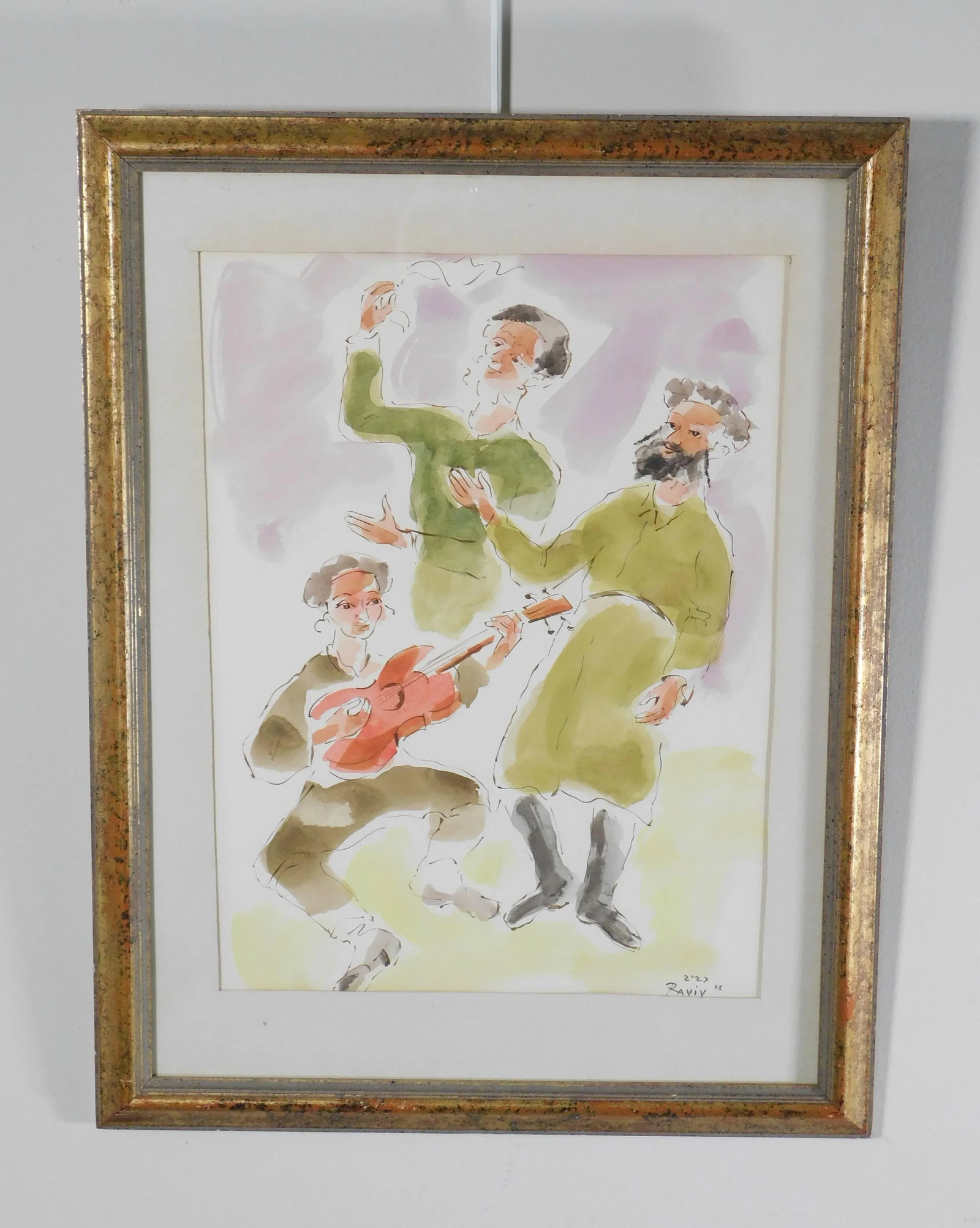 Moshe Raviv "Dancing Hasidim" Original Watercolor on Paper Signed - 2