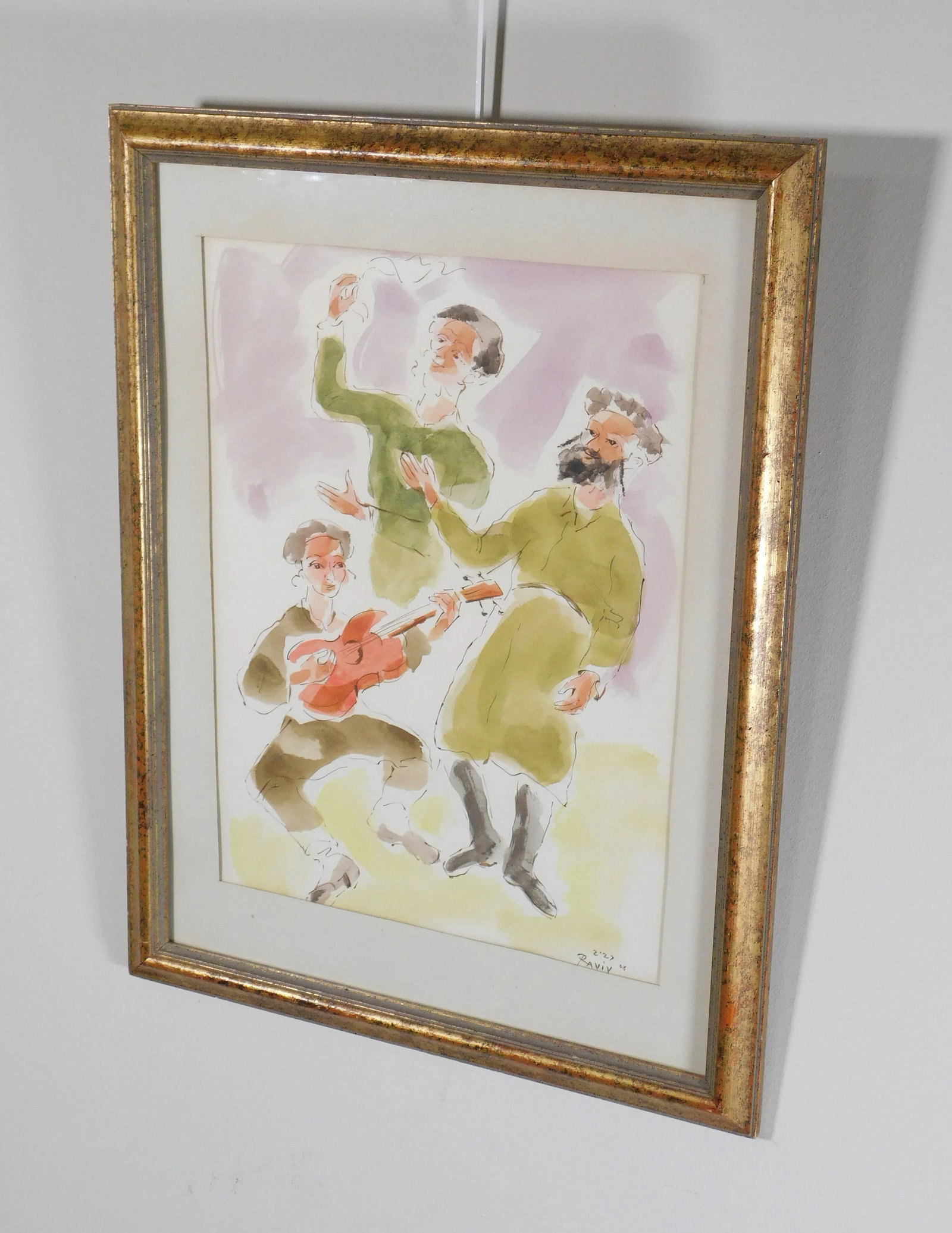 Moshe Raviv "Dancing Hasidim" Original Watercolor on Paper Signed - 3