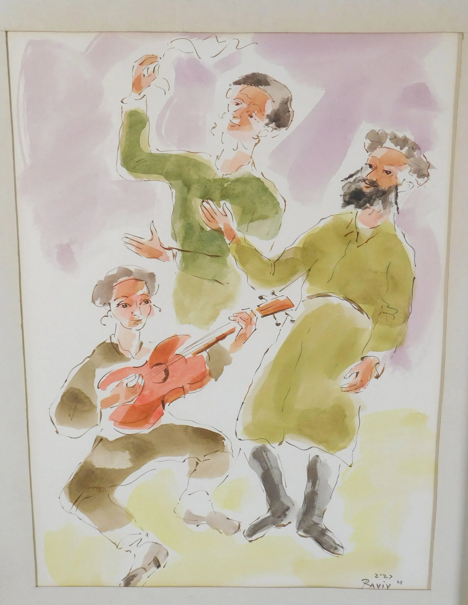 Moshe Raviv "Dancing Hasidim" Original Watercolor on Paper Signed - 6