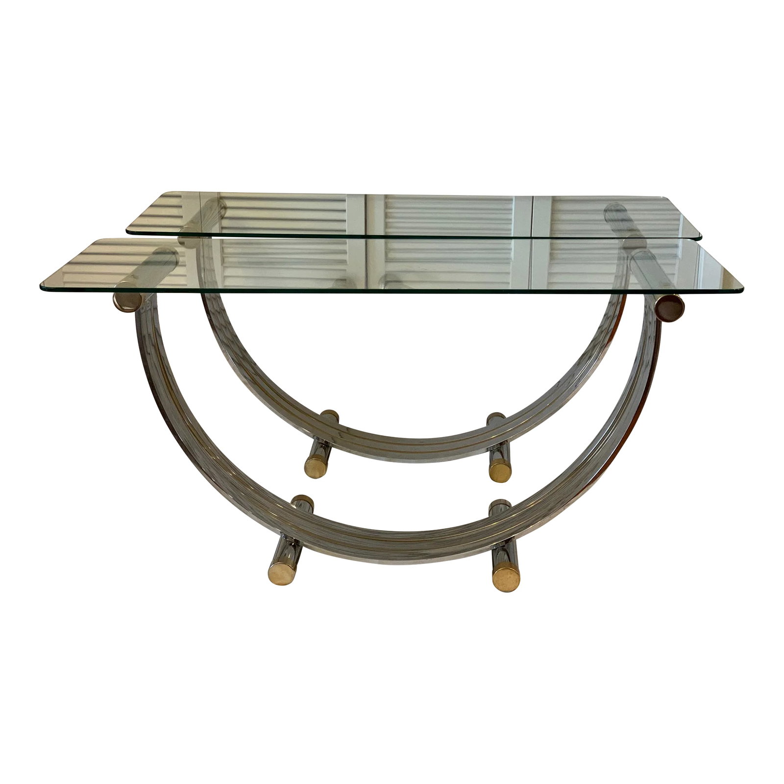 1980s Vintage Romeo Rega Chrome Brass U-Shaped Console Tables. A-Pair: Art Deco style Romeo Rega Chrome and Brass U-shape consoles table with glass top. Wear consistent with age and use. Condition: Alterations: Original Condition Unaltered Imperfections: Some