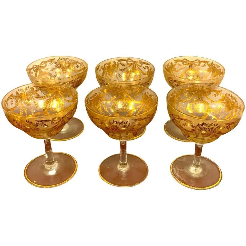 Early 20th Century Set of Six Gilt Enameled Frosted Grand Coupes/ Dessert or Seafood - 11
