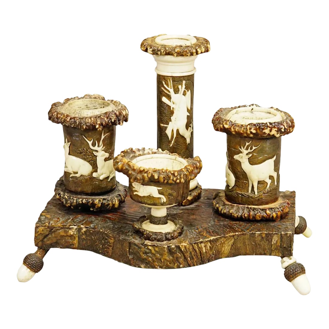 Rare Antler Desk Standish With Elaborate Carvings, Germany Ca. 1840: Rare Antler Desk Standish with Elaborate Carvings, Germany ca. 1840 A rare antique writing desk set made of wood and original antlers decorated with fine carved hunting scenes depicting deer