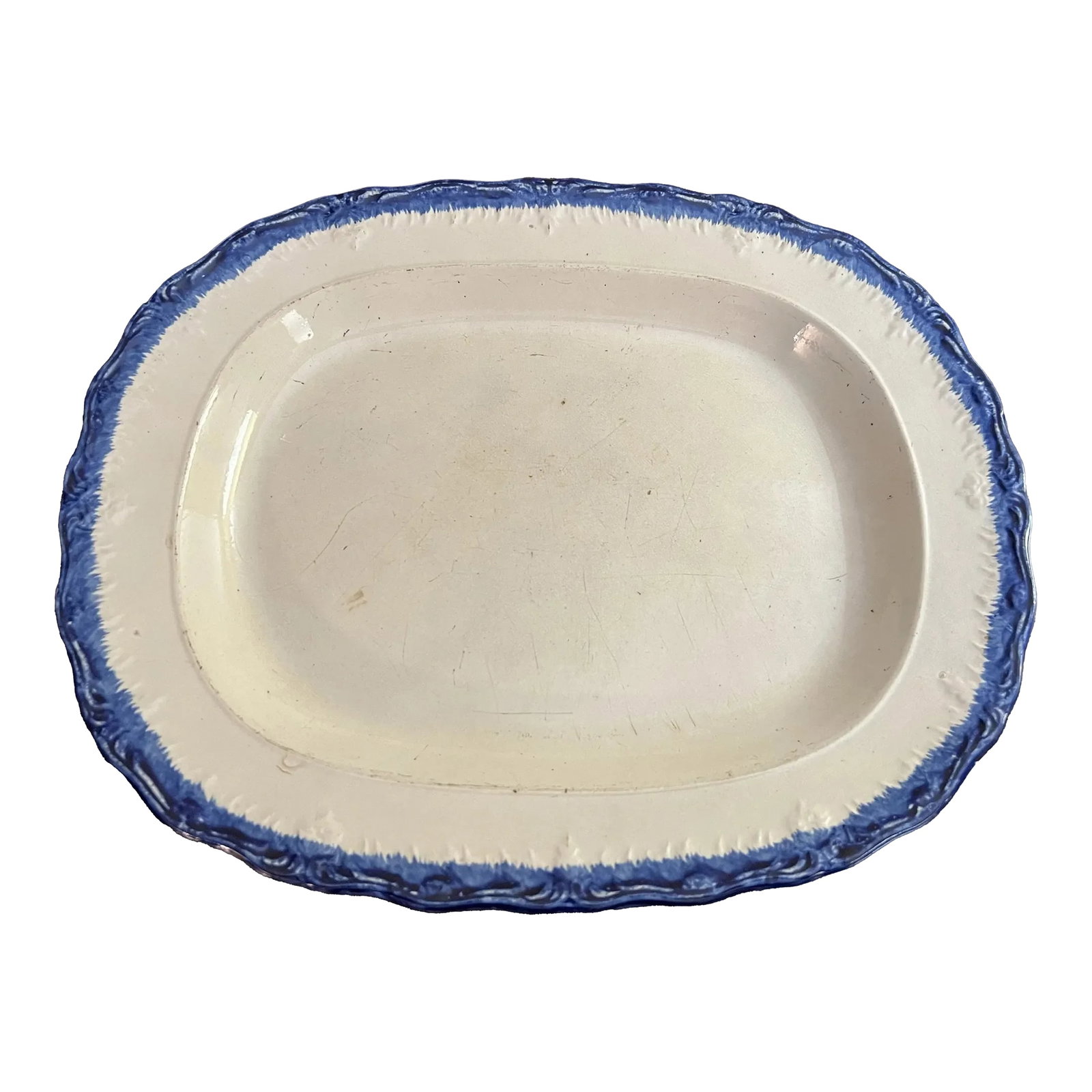 Antique Pearlware Blue Feather Edge Platter, Circa 1820's: A Very Nice Antique Pearlware Blue Feather Edge Platter, Circa 1820's Made in England, circa 1820's Marked "Hall" Pearlware with a blue feather or shell edge. Glazed earthenware. Size: 15" by 12", by