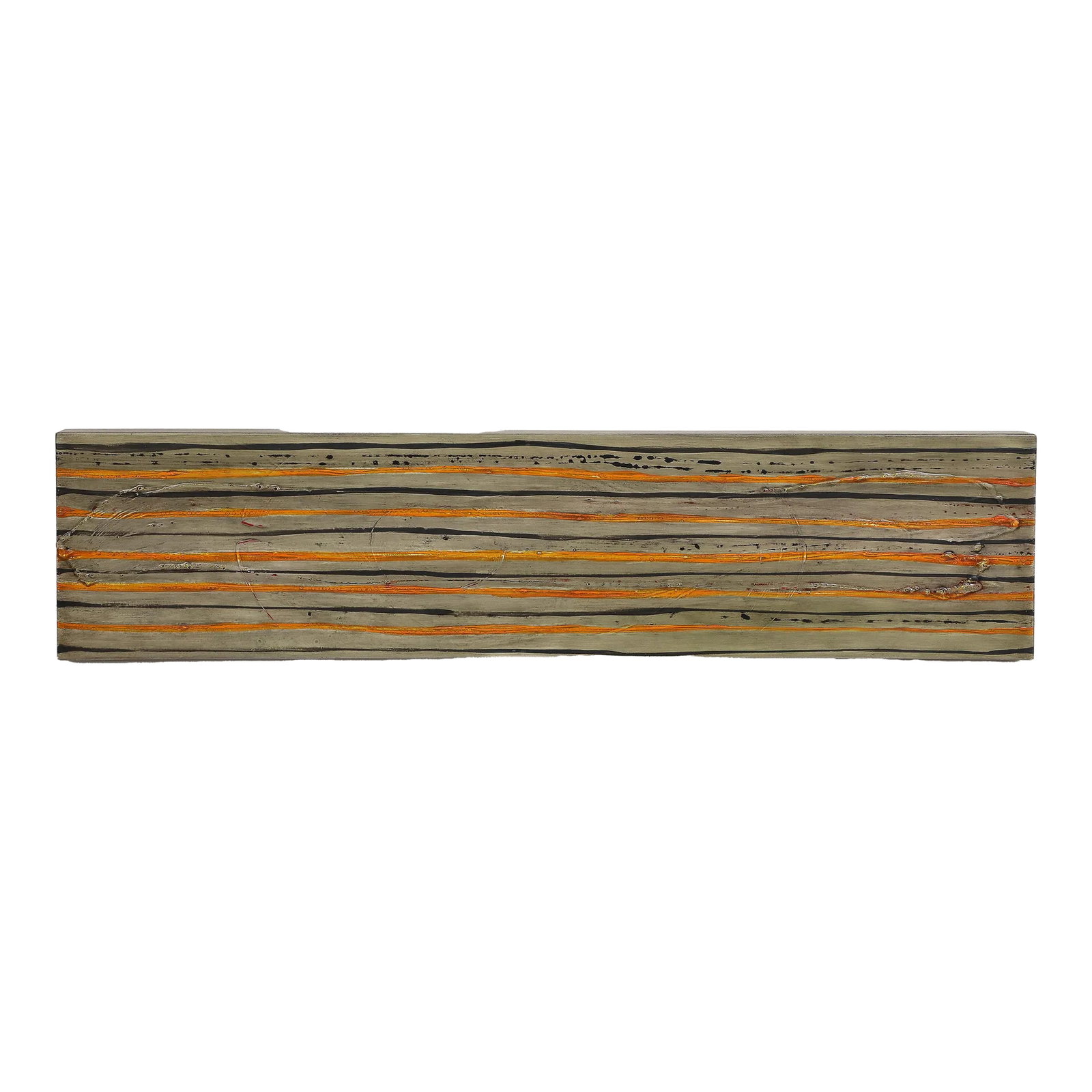 Abstract Contemporary Painting by Ken Edwards: Wide abstract contemporary painting by Ken Edwards (American, 20th century), black and vibrant orange stripes over a grey background, textured with organic paint bubbles. Untitled, acrylic on panel,