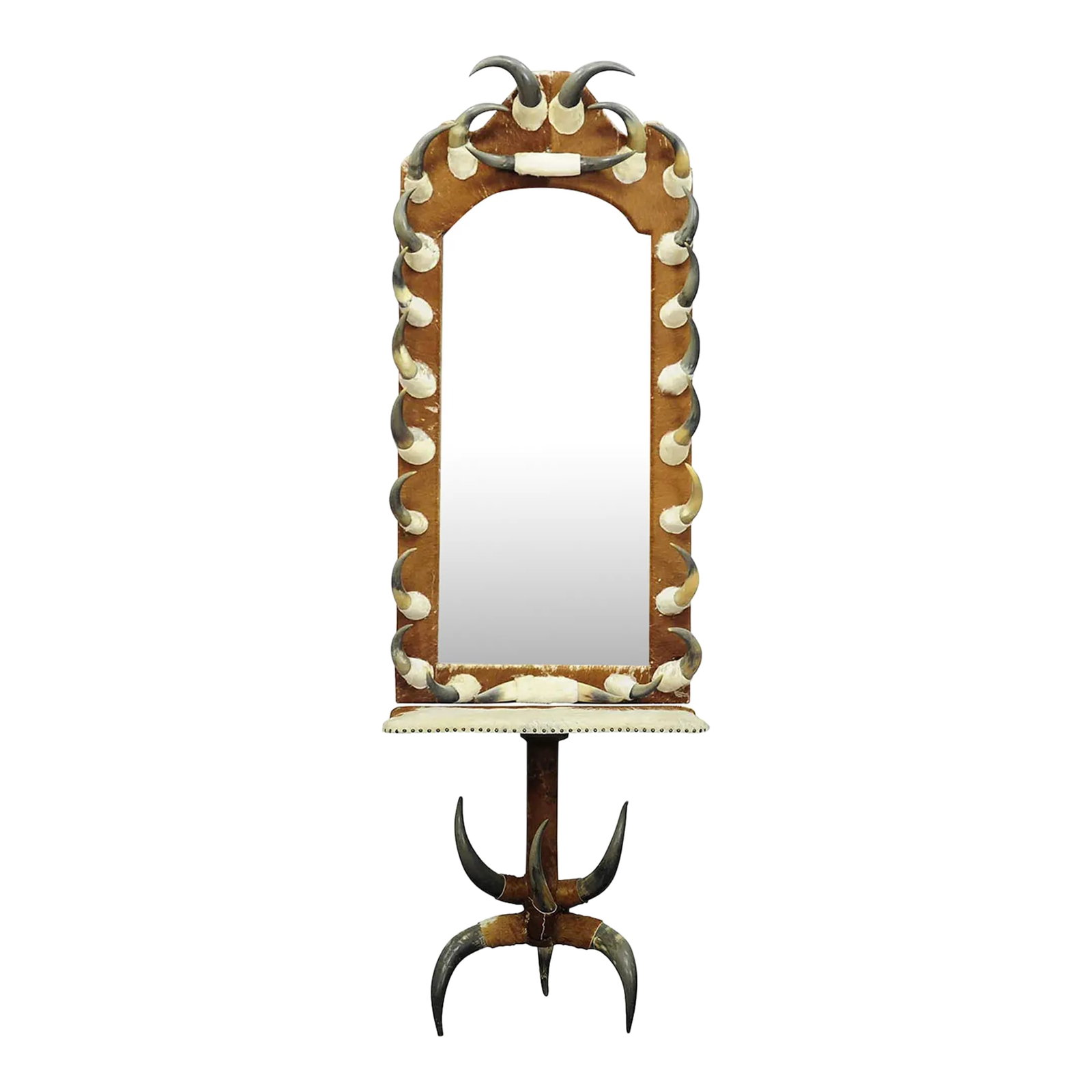 Large Hall Mirror With Cow Horn Decorations and Console Table, Austria 1870: Large Hall Mirror with Cow Horn Decorations and Console Table, Austria 1870 A great wall mirror with console table from a noble villa in the Austrian alps. Manufactured in Austria ca. 1870s. The mirro