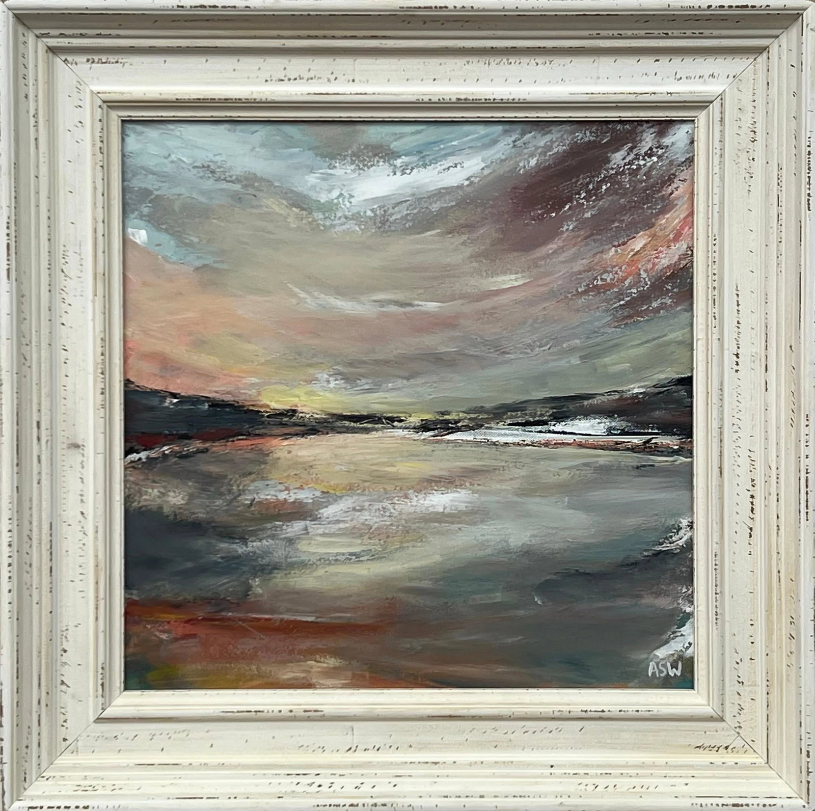 Colourful Expressive Abstract Sea Landscape Art by Contemporary British Artist, 2024, Framed: Colourful Expressive Abstract Sea Landscape Scene by Contemporary British Artist Art measures 16 x 16 inches Frame measures 21 x 21 inches The painting depicts a serene landscape featuring a calm