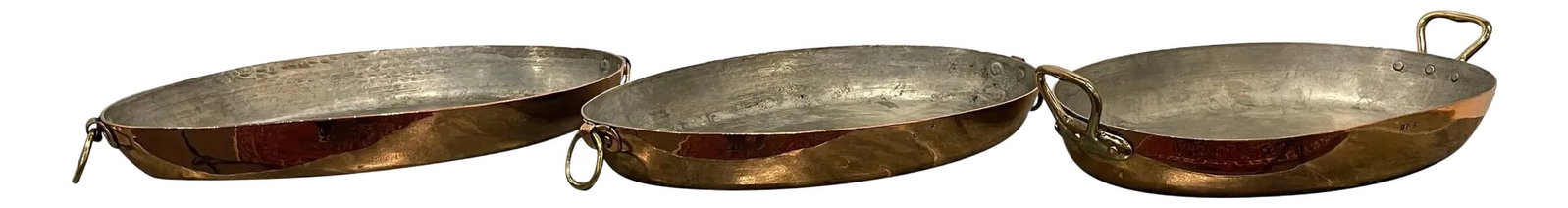 French Three Copper Sauce Pans in Different Sizes, 19th Century - Set of 3: Set of French Four Copper Pots in Different Sizes, 19th Century. Professionally cleaned and polished in France. A light coat of lacquer was applied. Sizes 10" d x 18" w x 2.25 " h 10" d x 16.5" w x