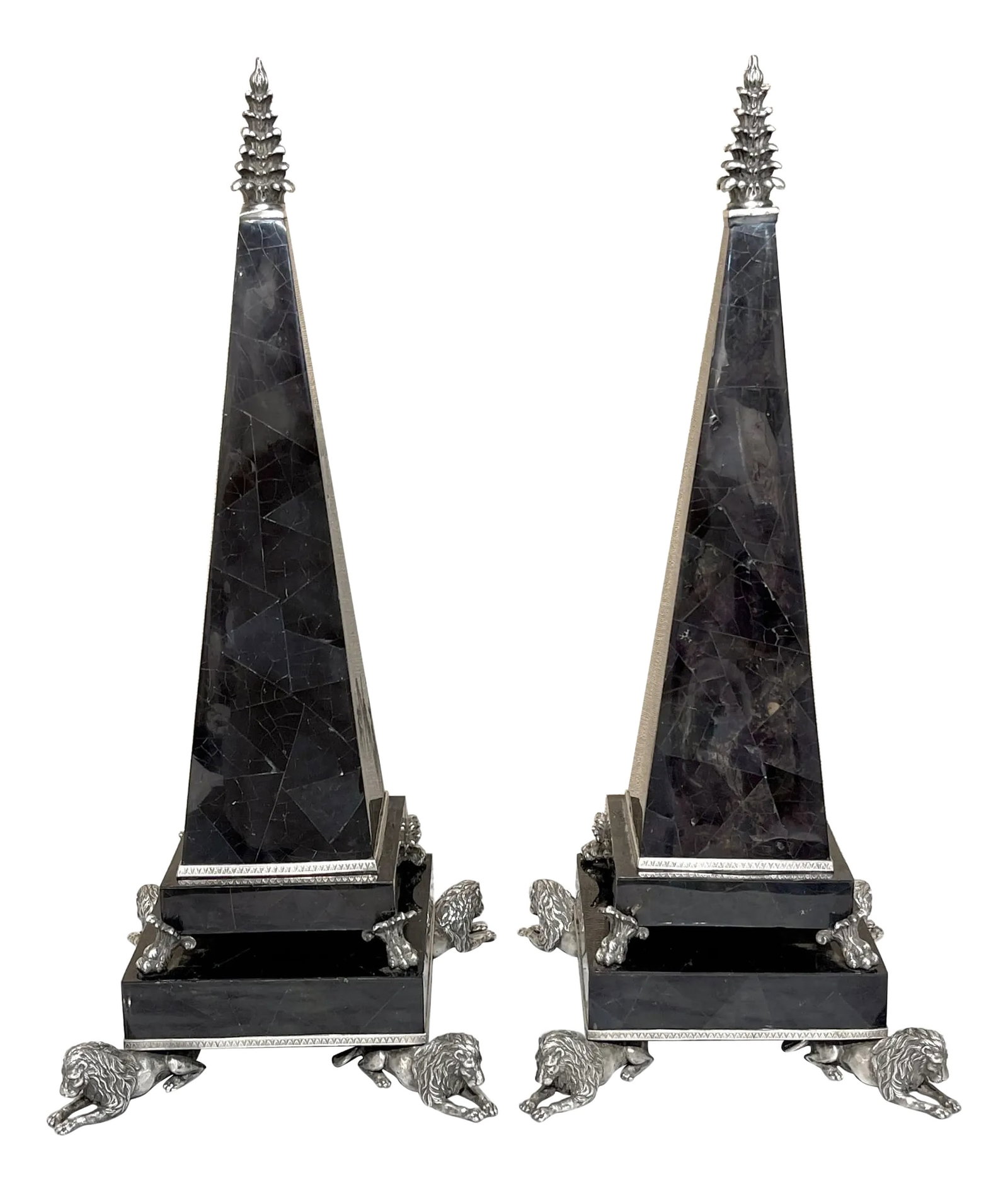 Large Silverplated Bronze & Inlaid Coconut Shell Lion Motif Obelisks - a Pair (1 of 11)