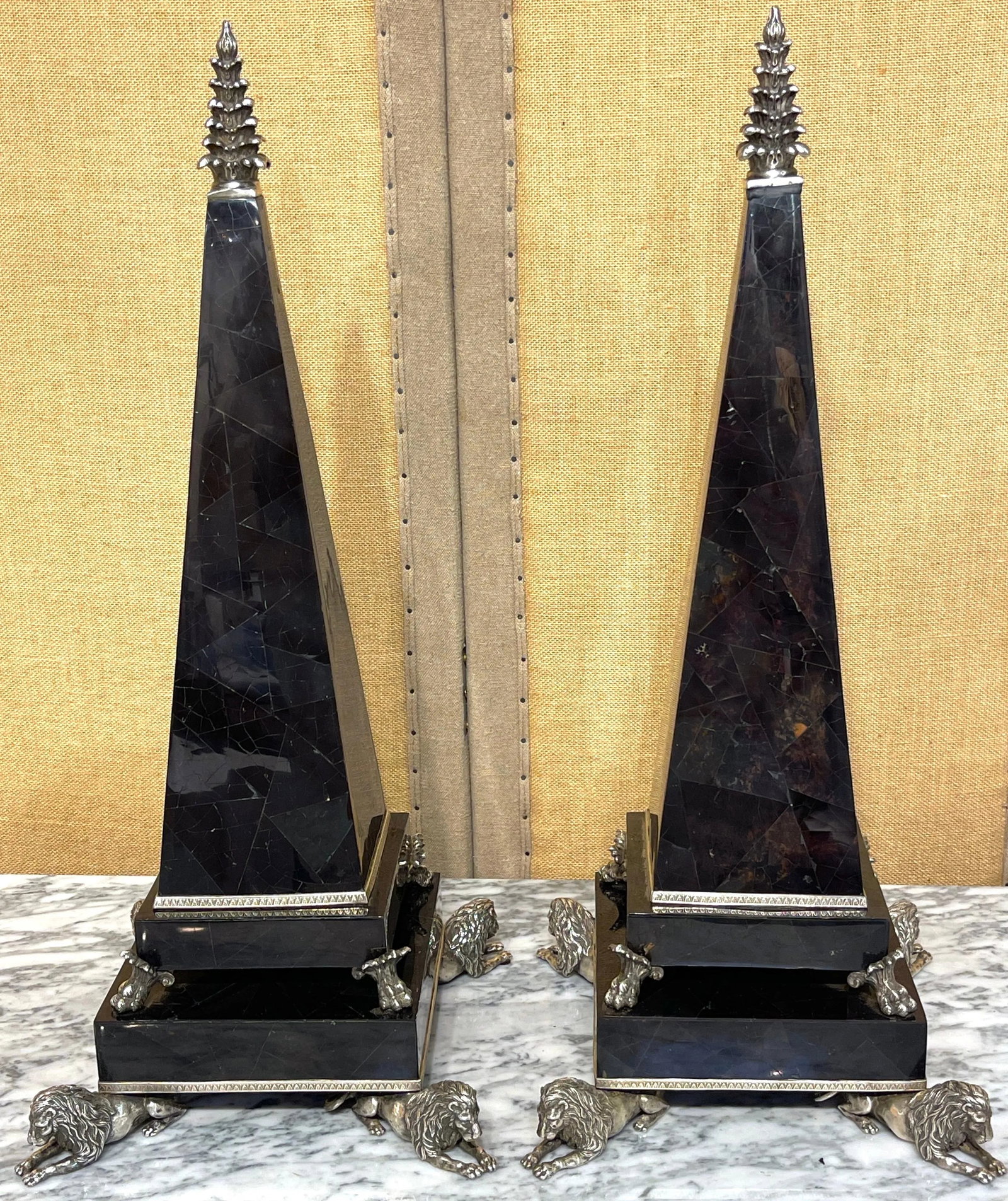 Large Silverplated Bronze & Inlaid Coconut Shell Lion Motif Obelisks - a Pair - 5