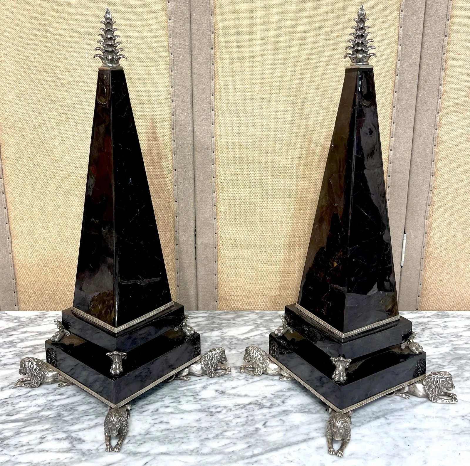 Large Silverplated Bronze & Inlaid Coconut Shell Lion Motif Obelisks - a Pair - 6