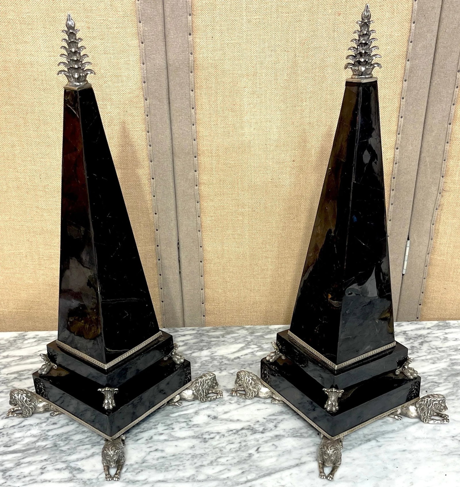 Large Silverplated Bronze & Inlaid Coconut Shell Lion Motif Obelisks - a Pair - 7