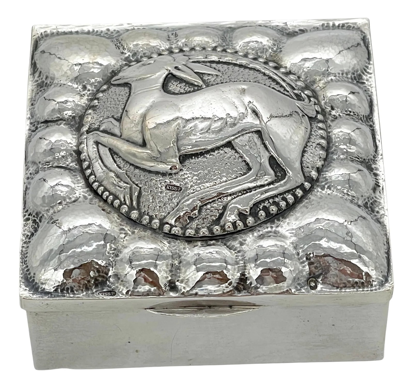 Fine French Sterling Art Deco Ram Motif Square Table Box, Circa 1925: Fine French Sterling Art Deco Ram Motif Square Table Box, Circa 1925 French Silver hallmark Minervas Head with #3 and Silversmith mark of KISS F An Extraordinary example of signed French Art Deco