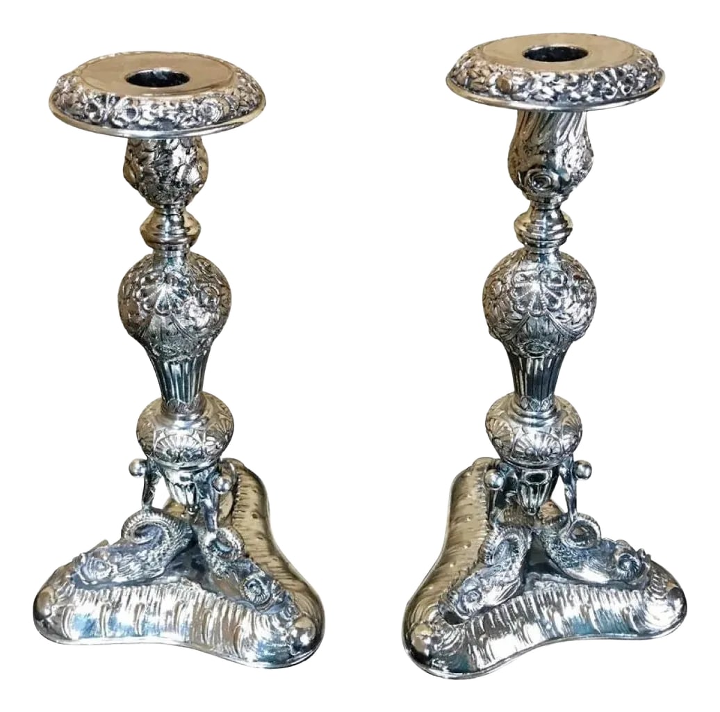 Antique Sheffield Plate Neoclassical Dolphin Motif Candlesticks - a Pair: Pair of Antique Sheffield Plate Neoclassical Dolphin Motif Candlesticks English, 19th Century A pair of elegant antique Sheffield Plate neoclassical candlesticks, crafted in England during the 19th