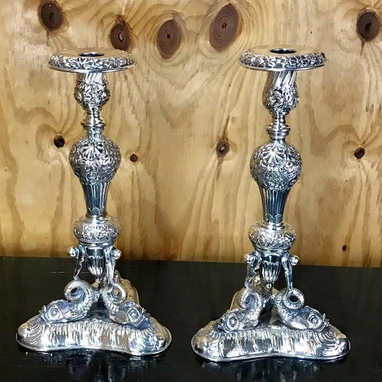Antique Sheffield Plate Neoclassical Dolphin Motif Candlesticks - a Pair - 2