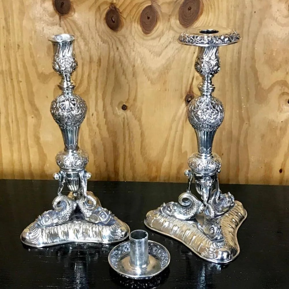 Antique Sheffield Plate Neoclassical Dolphin Motif Candlesticks - a Pair - 3