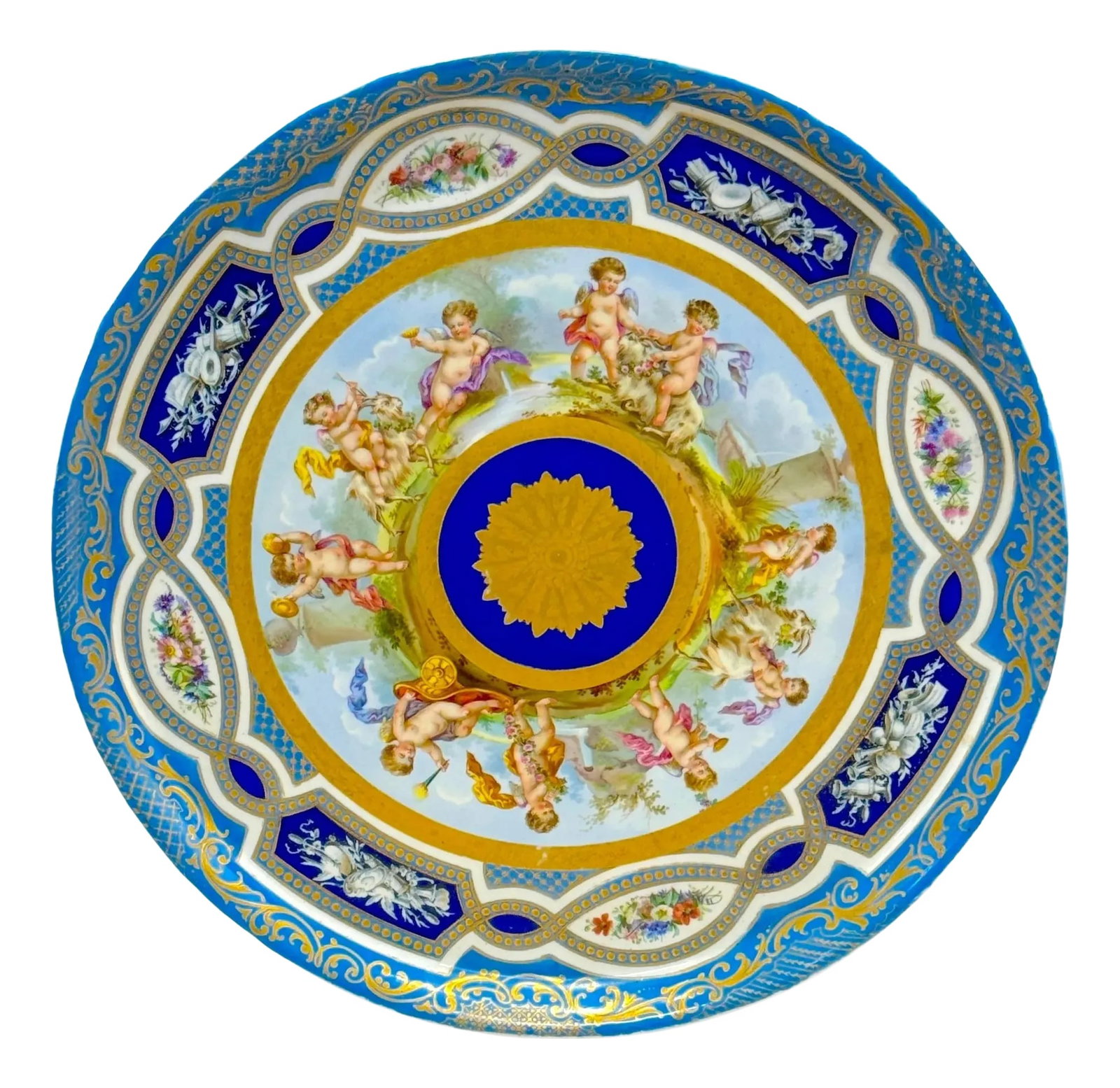 Massive 19th Century Sèvres Porcelain 'Labors of Cupid' Circular Tray: Massive 19th Century Sèvres Porcelain 'Labors of Cupid' Circular Tray France, 1870s, with blue painted interlaced 'L's' underglaze mark This massive 19th-century Sèvres porcelain 'Labors of