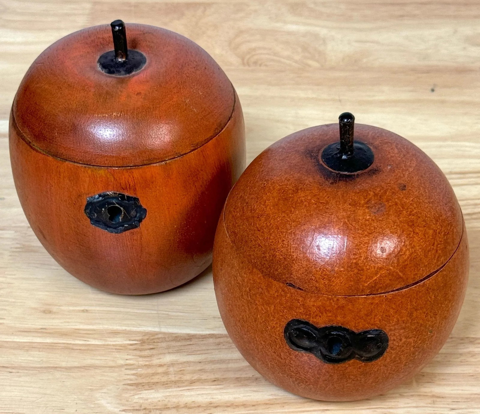 Two 20th Century English Style Polychromed Carved Wood Apple Boxes/ Tea Caddies - a Pair - 3
