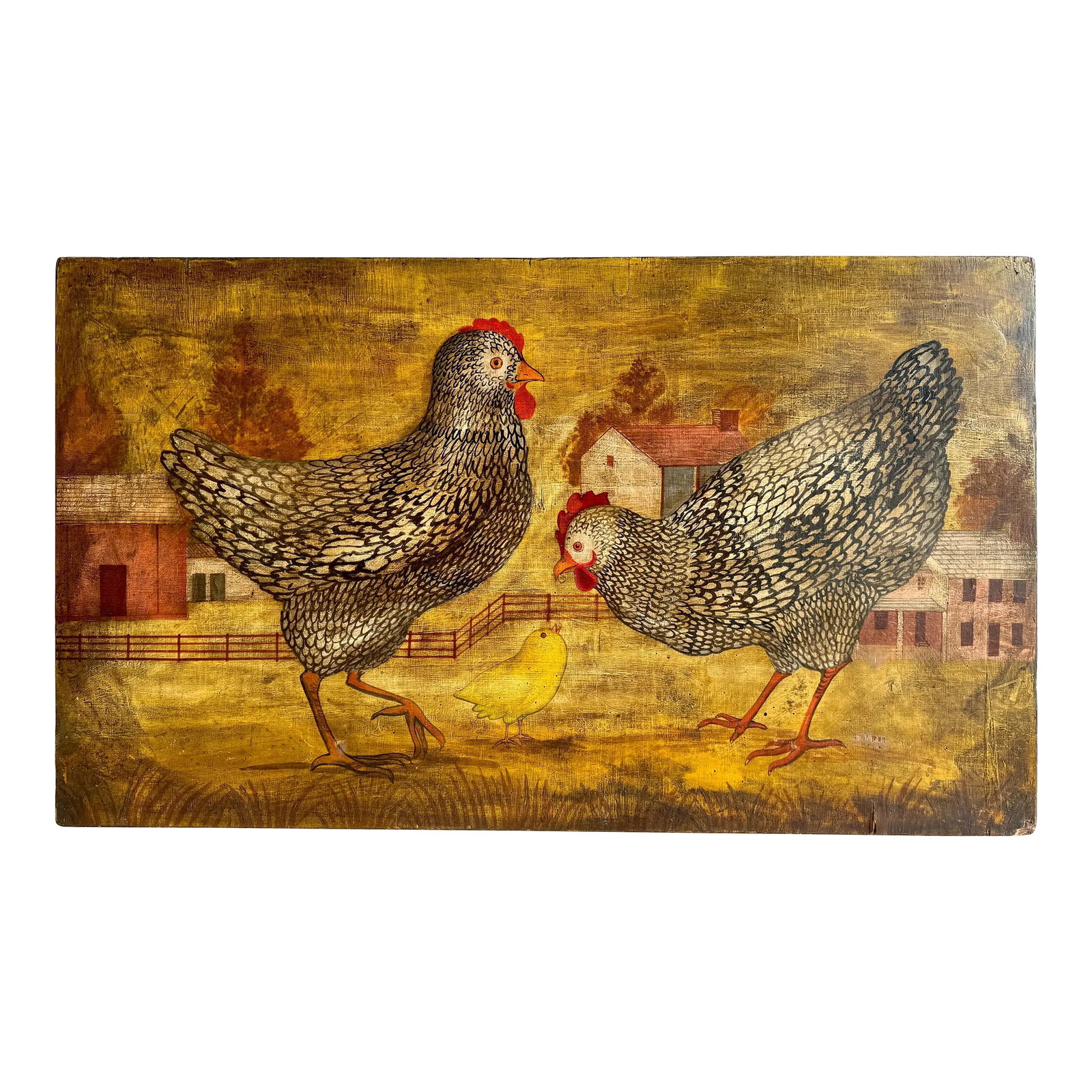 American Folk Art paintings of Chickens in Farm Landscape, signed 'Horiz' (1 of 7)