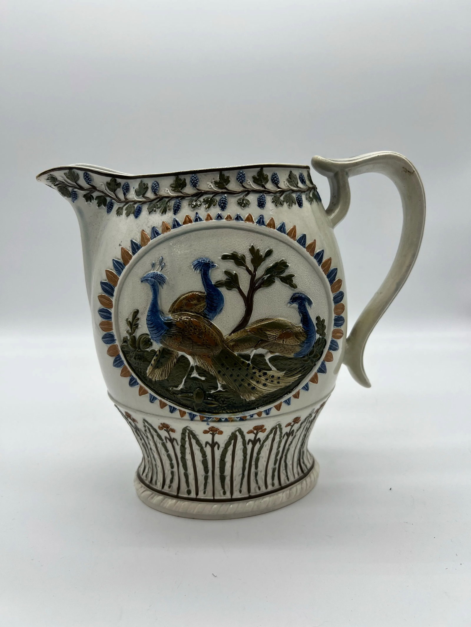 Antique Prattware Polychrome Decorated Pearlware Pitcher With Peafowl, Circa 1820's - 12
