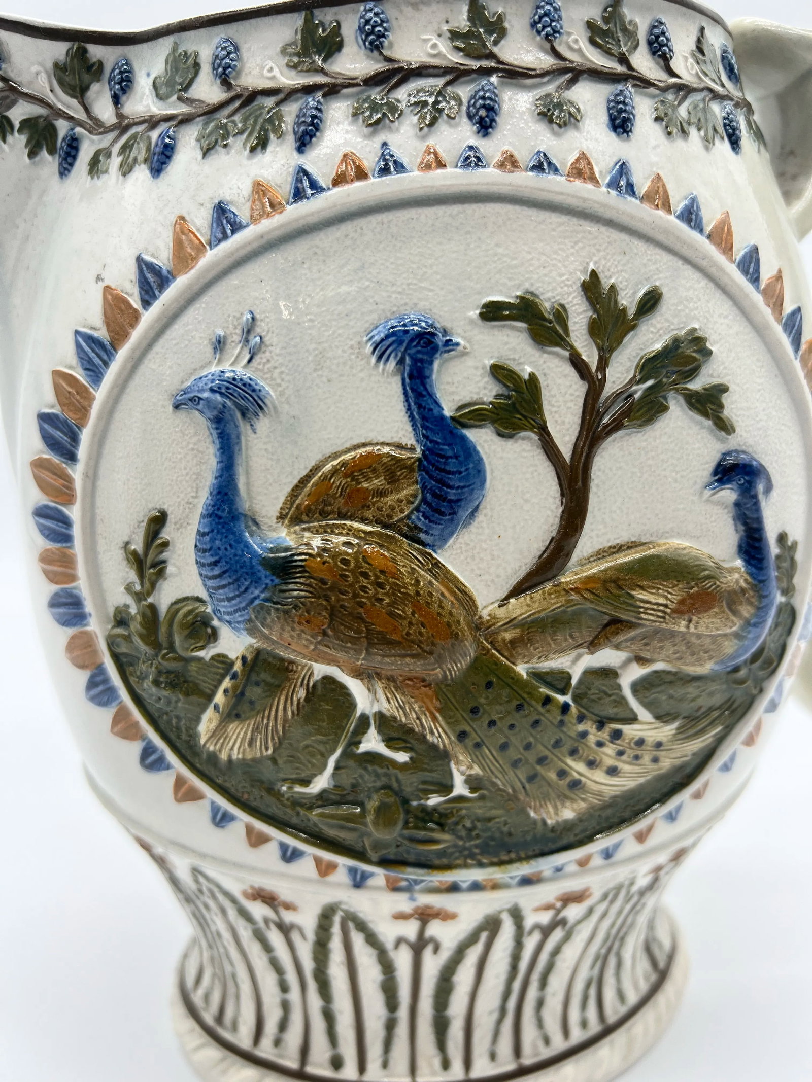 Antique Prattware Polychrome Decorated Pearlware Pitcher With Peafowl, Circa 1820's - 4