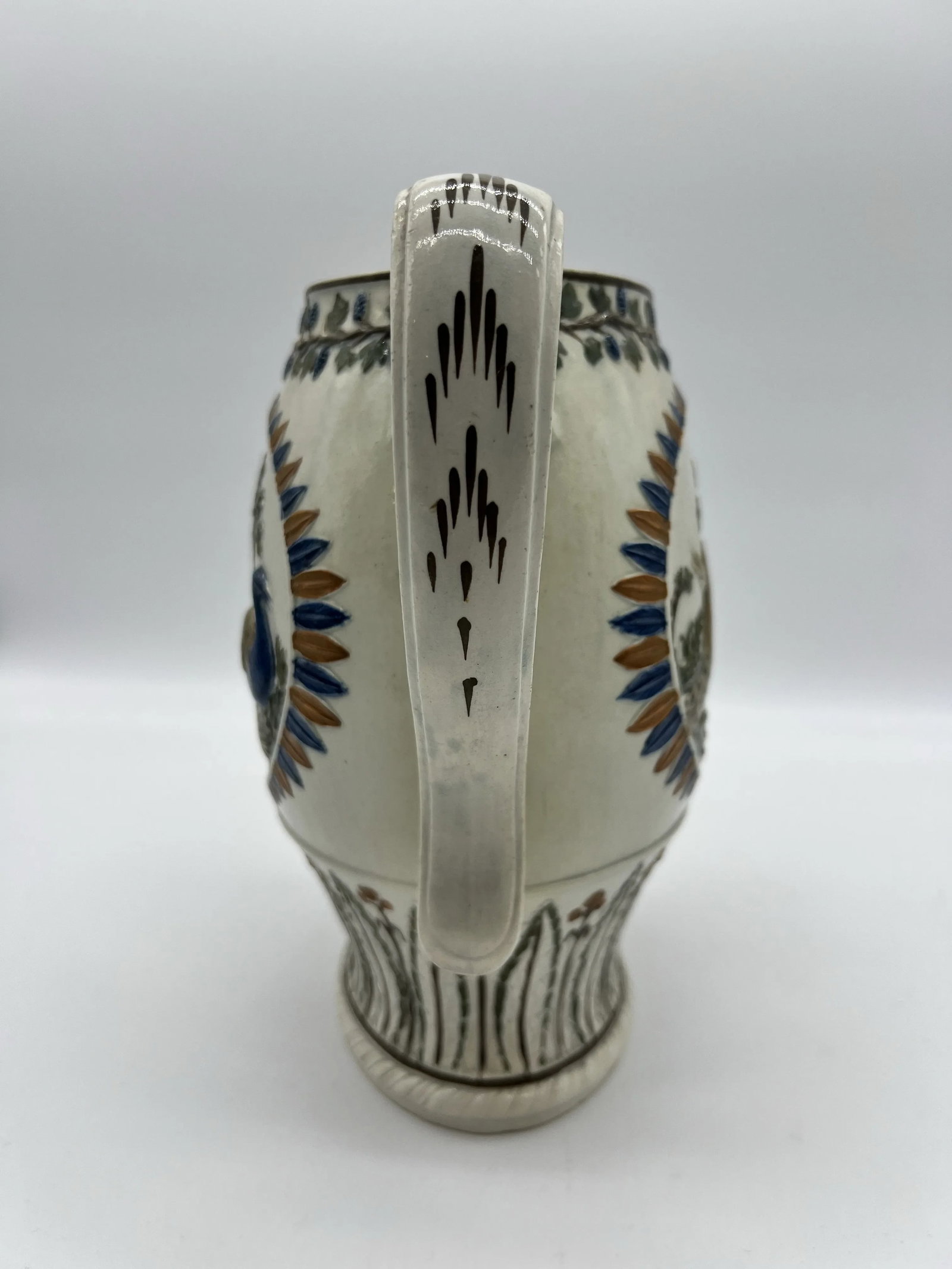 Antique Prattware Polychrome Decorated Pearlware Pitcher With Peafowl, Circa 1820's - 7